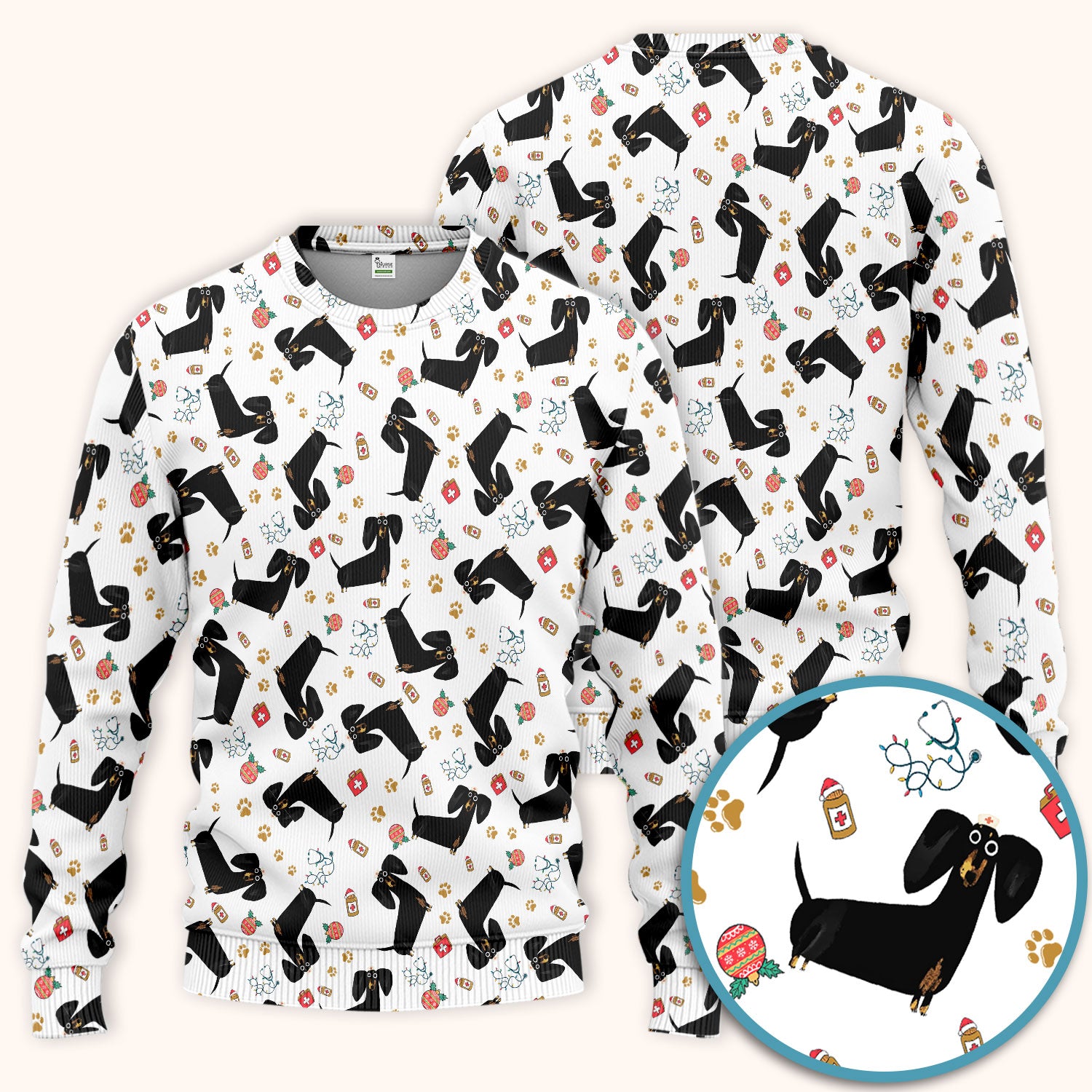 Funny Wiener Dog Scrub Sets for Nurses - Cute Black Dachshund Pants and V Neck Top - Dog Lover Nursing Uniform Gift for Women