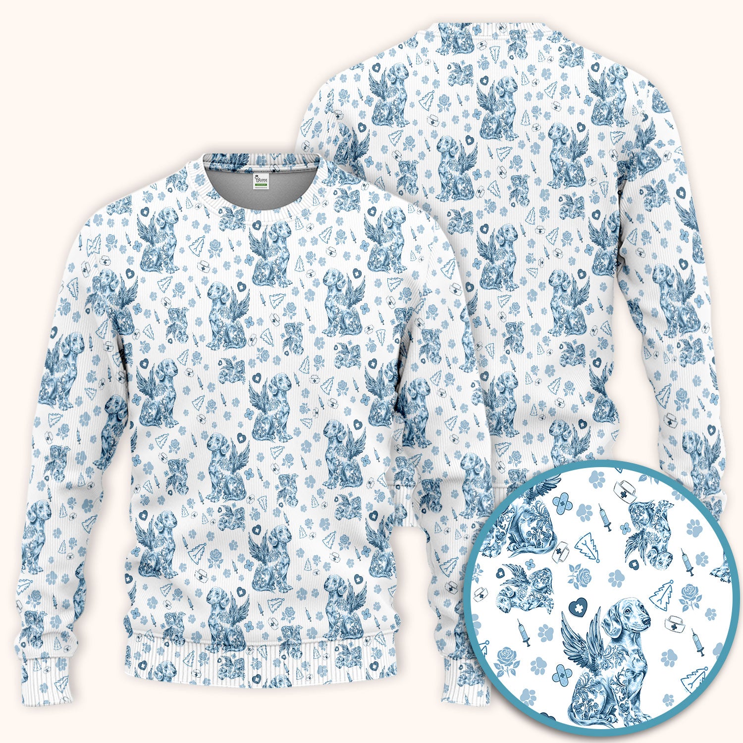 Toile de Jouy Dachshund Angel Scrub Set - Blue Vintage Wiener Dog Scrubs Pants and V Neck Top - Memorial Puppy Gift