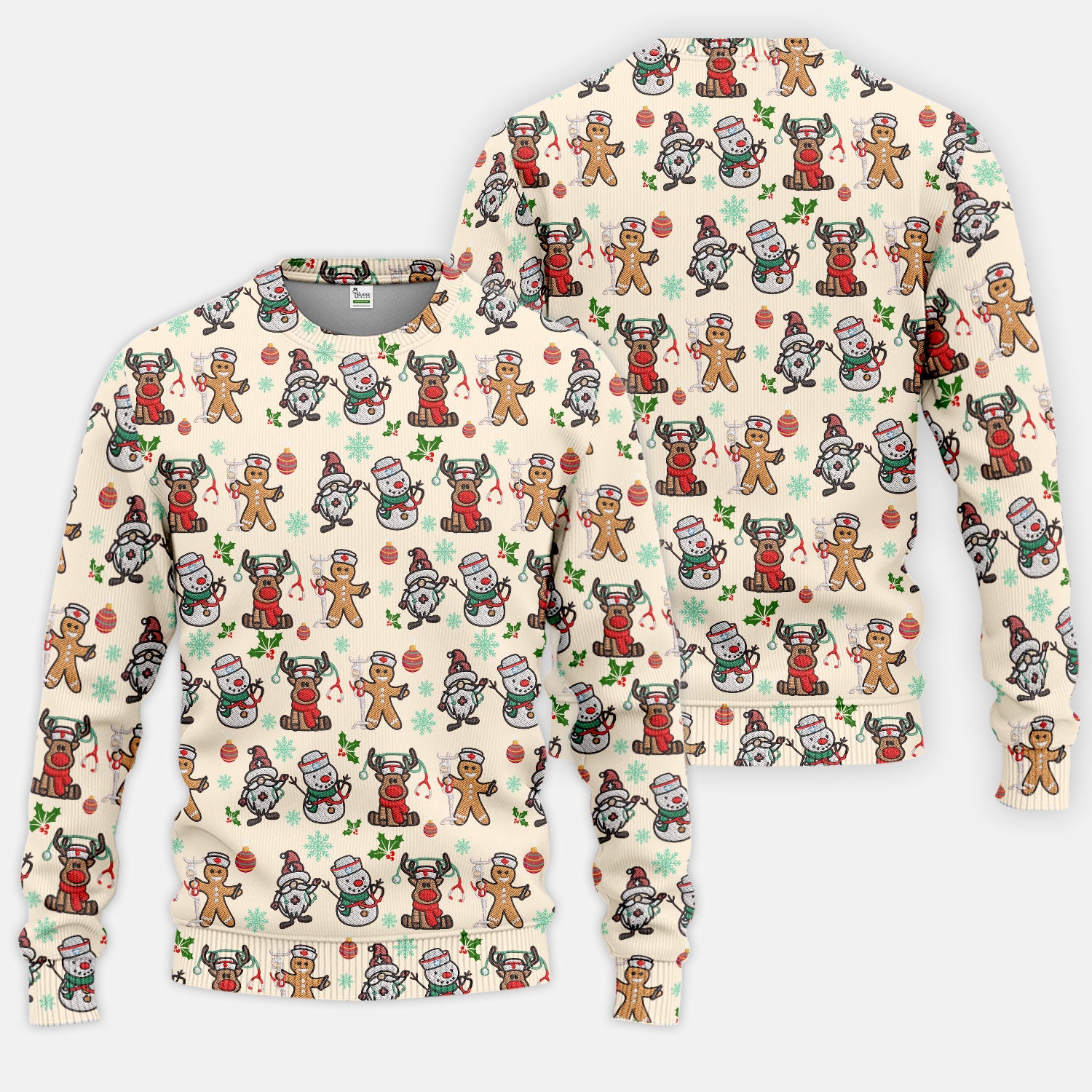 Christmas Gingerbread Scrubs Set for Women - Comfortable Scrubs for Nurses - Reindeer Santa Pants and V Neck Top