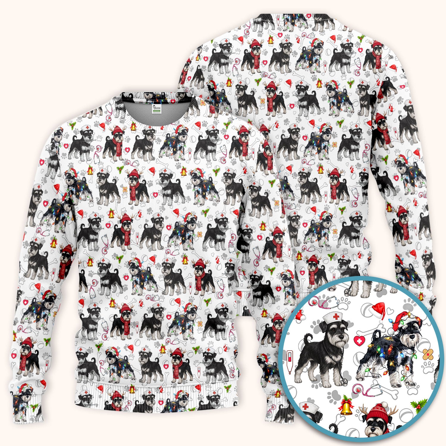 Christmas Schnauzer Scrub Set for Nurses - Cute Dog Holiday Scrubs Pants and V Neck Top - Funny Santa Nursing Medical Shirt for Women