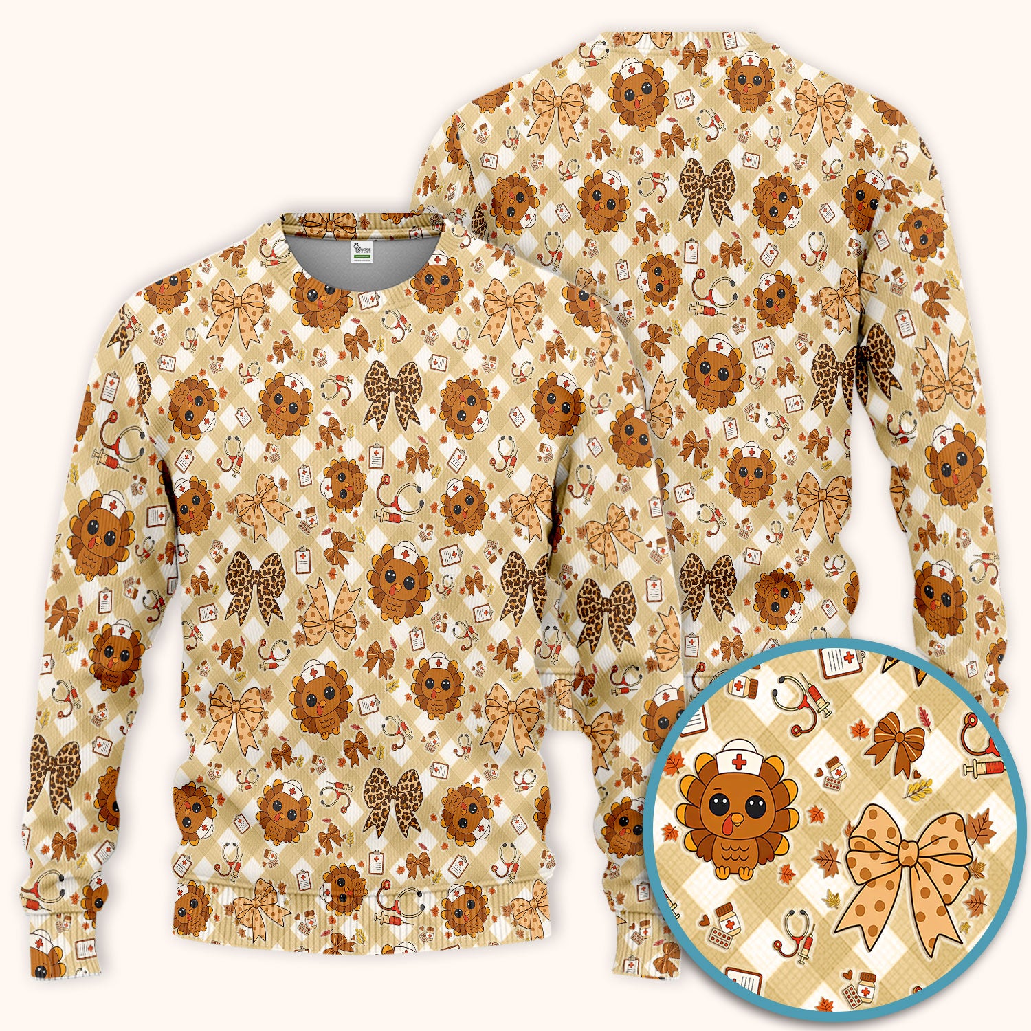 Thanksgiving Turkey Scrub Set for Nurses - Cute Fall Leaves and Bow Scrubs Pants and V Neck Top - Autumn Nursing Gift for Her