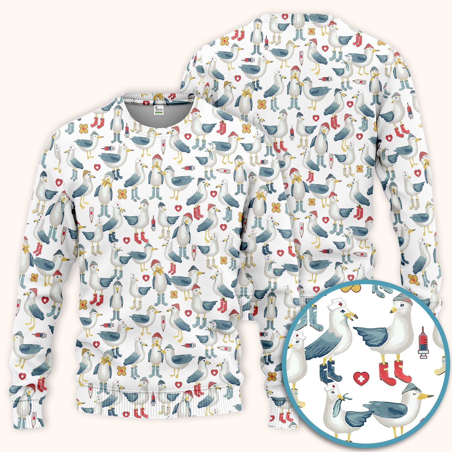 Seagull Scrub Set for Nurses - Adorable Birds Medical Uniform - Funny Scrubs Pants and V Neck Top for RN CNA LPN