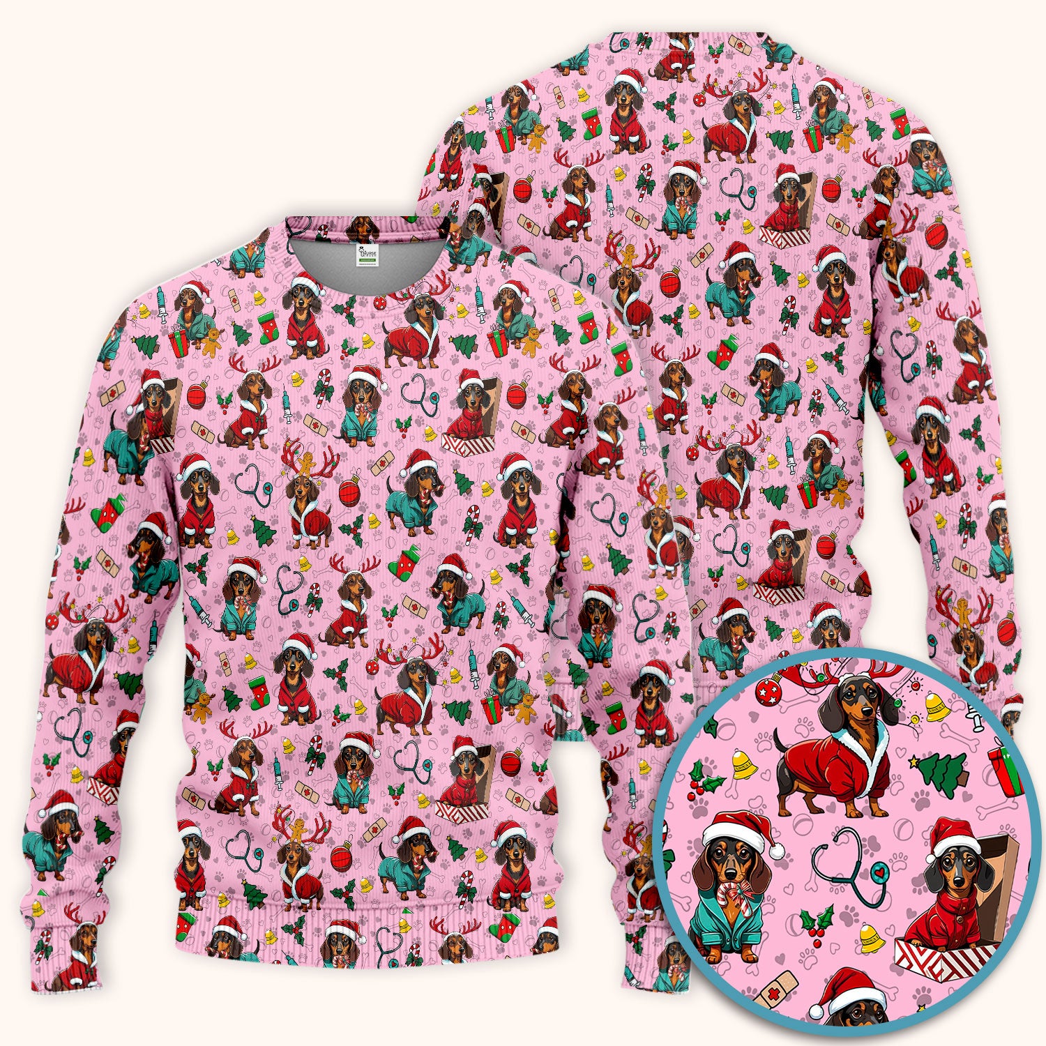 Christmas Dachshund Scrub Set for Nurses - Cute Sausage Dog Holiday - Funny Reindeer & Santa Scrubs Pants and V Neck Top