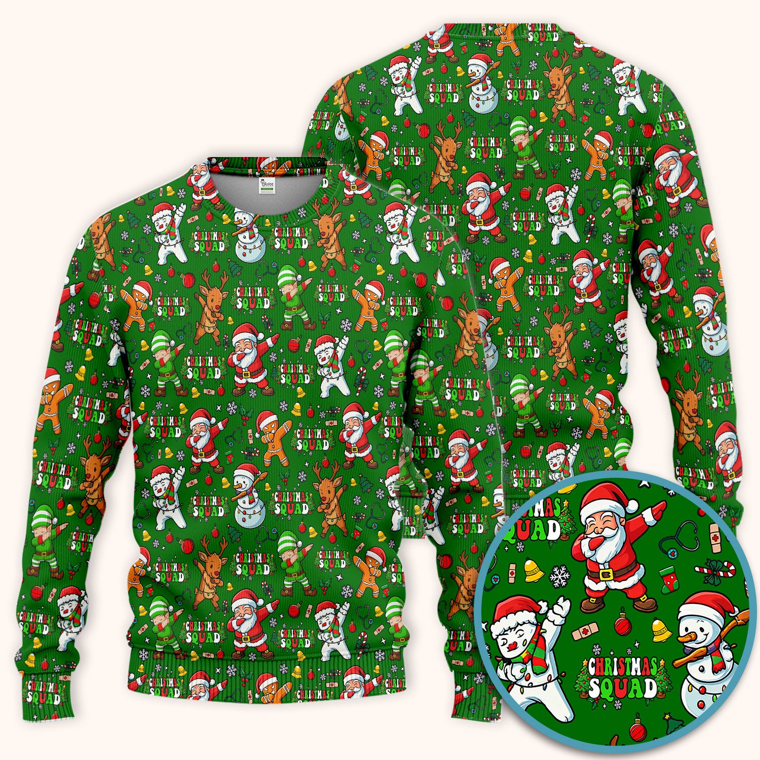 Christmas Squad Scrub Set - Dancing Santa, Reindeer & Elf Pants and V Neck Top - Funny Holiday Gift for Nurses, Doctors & Vet Techs