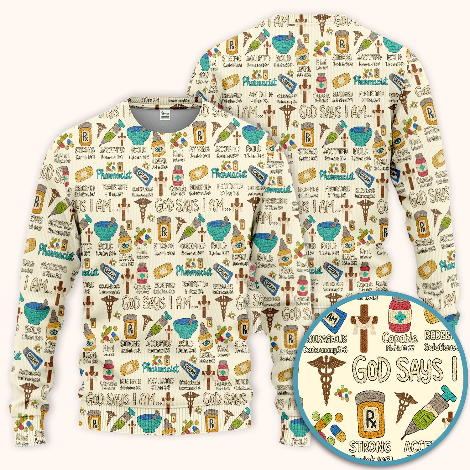 God Says I Am Pharmacist Scrub Set - Christian Pharmacy Scrubs Pants and V Neck Top for Women - Bible Verse Nurse Shirt