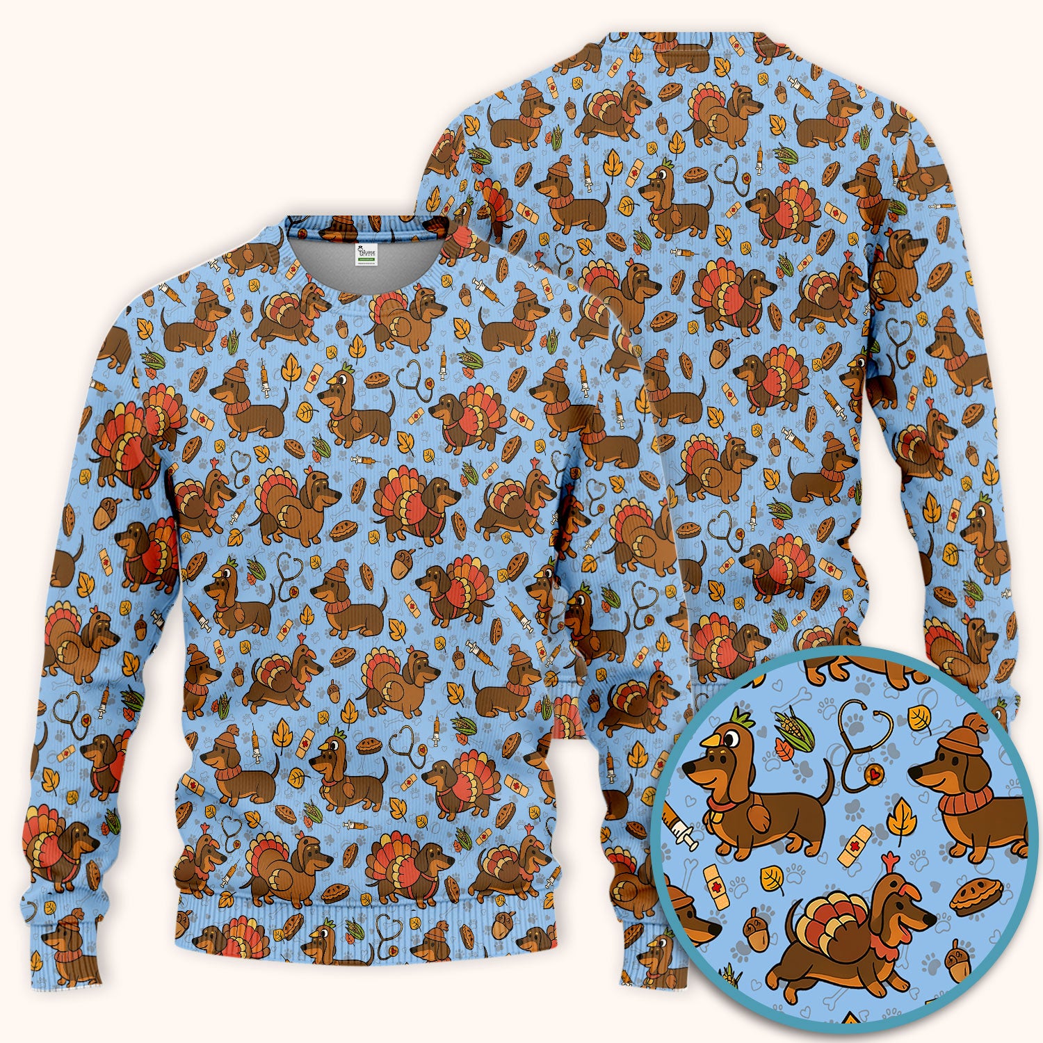 Thanksgiving Wiener Dog Scrub Set - Funny Dachshund Turkey Scrubs Pants and V Neck Top - Fall Winter Gift for Women