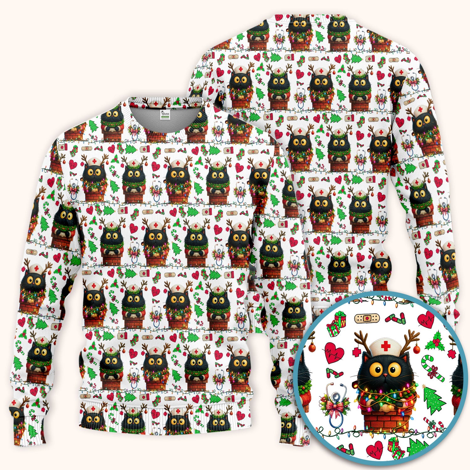 Christmas Black Cat Scrub Set for Nurse - Cute Reindeer Cat with Xmas Lights Pants and V Neck Top - Festive Holiday Medical Uniform