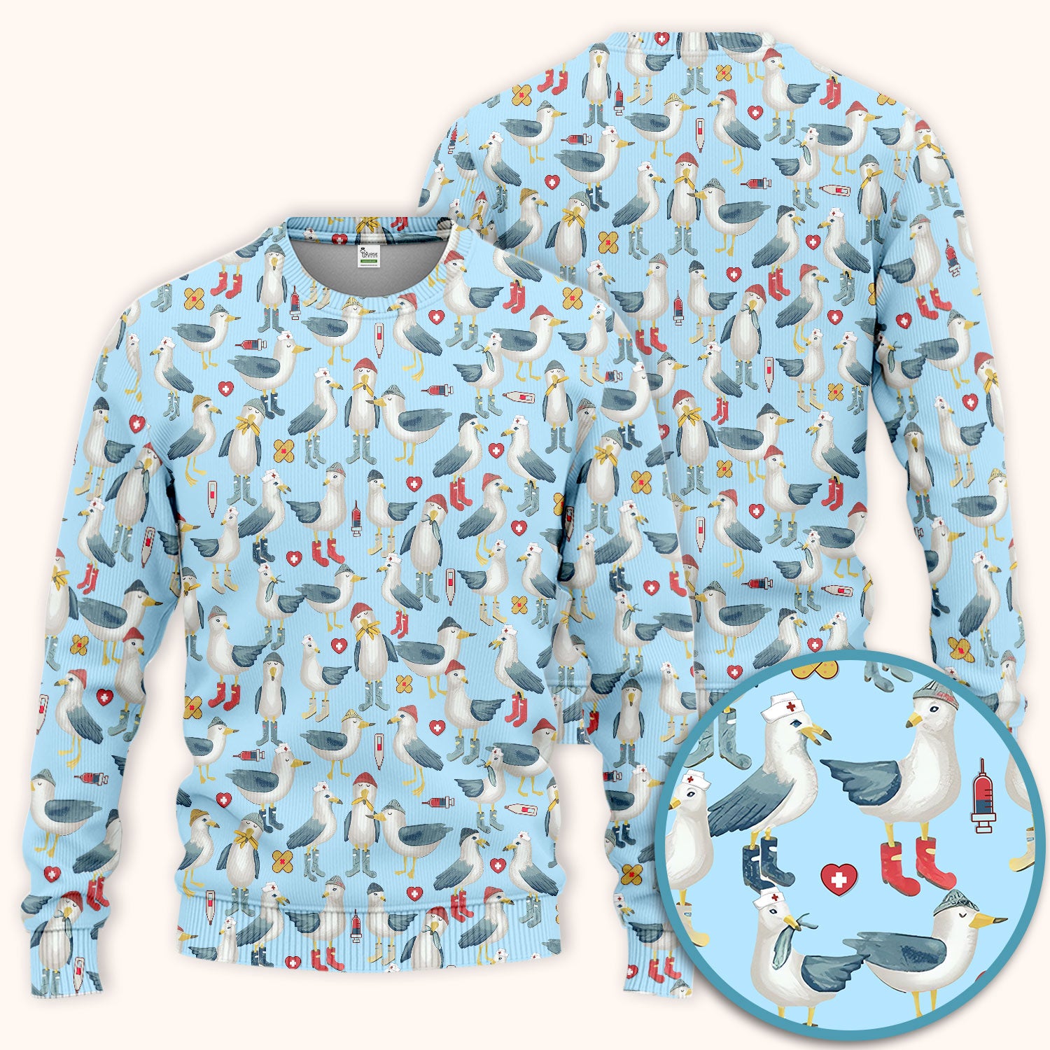 Funny Seagull Nurse Scrub Set - Cute Bird with Medical Icons Scrubs Pants and V Neck Top - Comfortable Scrubs for Women