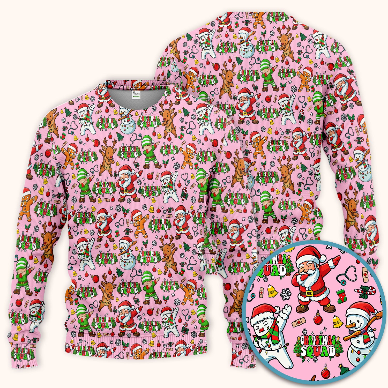 Christmas Squad Scrub Set - Dancing Santa, Reindeer & Elf Pants and V Neck Top - Funny Holiday Gift for Nurses, Doctors & Vet Techs
