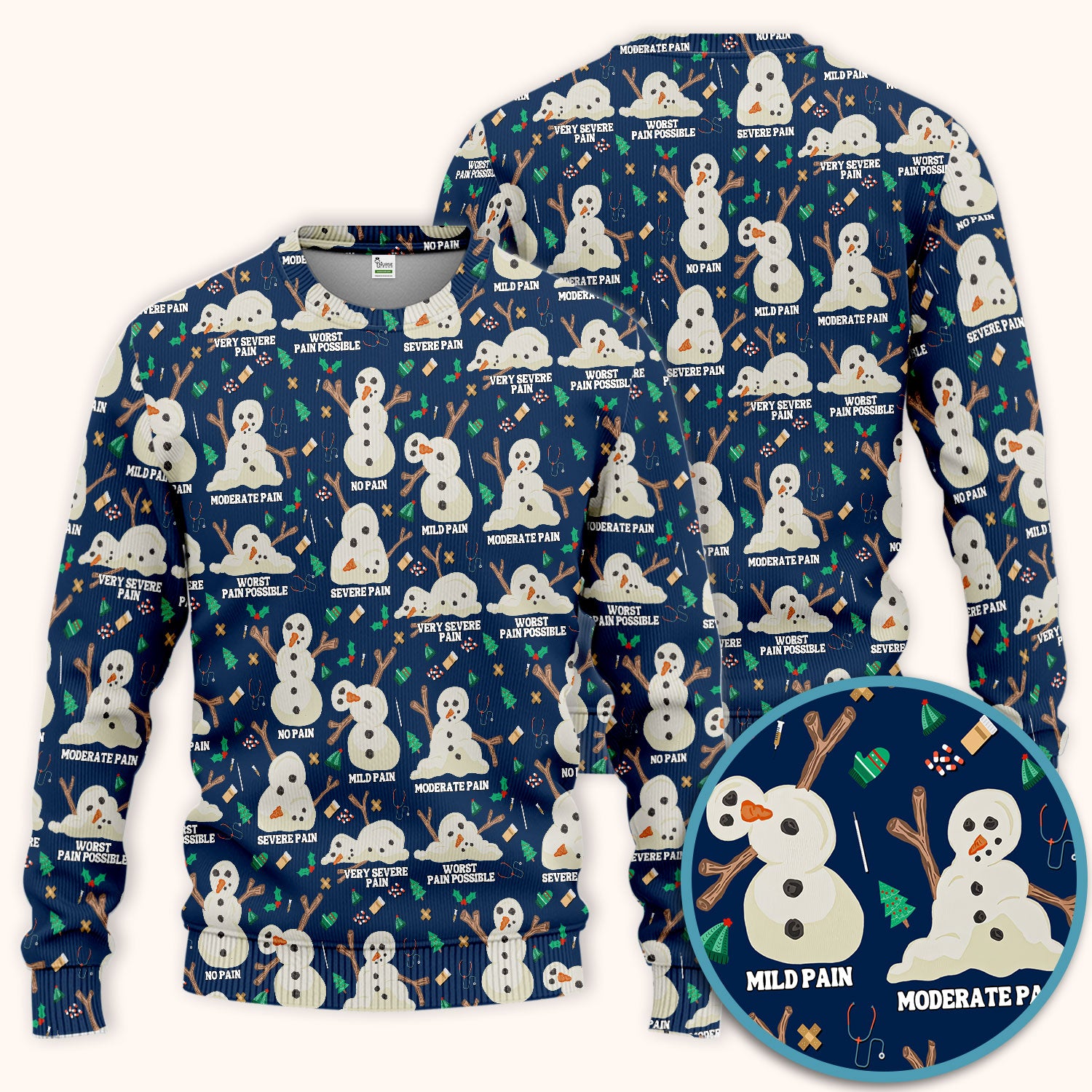 Funny Snowman Pain Scale Scrub Set for Nurse - Christmas Medical Pants and V Neck Top for Women RN LPN CNA