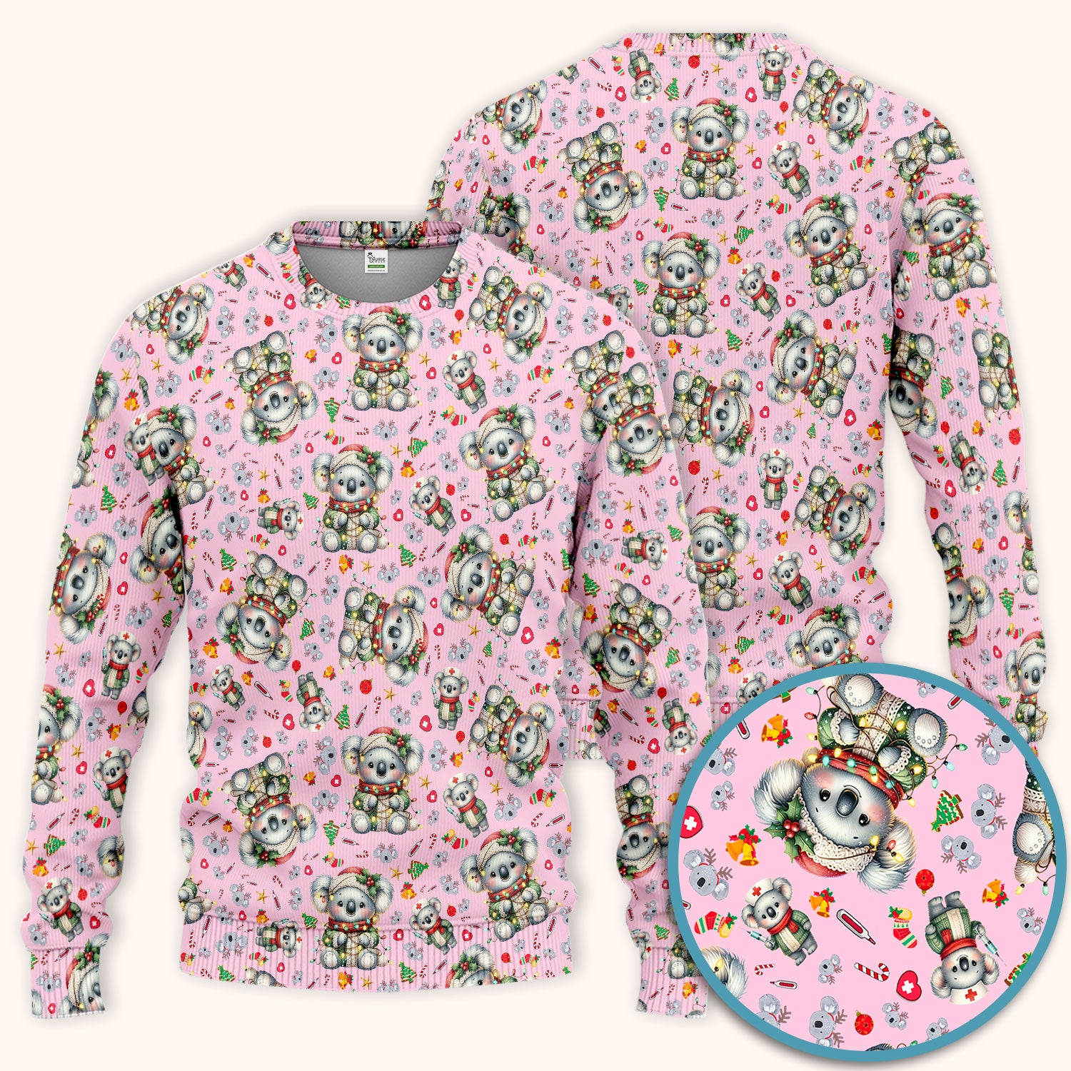 Aussie Koala Nurse Scrub Set - Cute Christmas Medical Uniform - Funny Holiday Animal Scrubs Pants and V Neck Top for Women