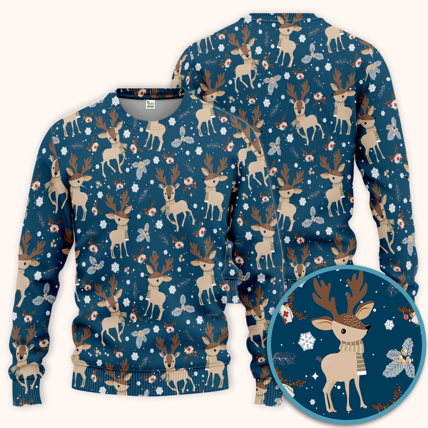 Reindeer Christmas Scrub Set - Cozy Beige Holiday Nurse Shirt with Cute Deer Pattern - Festive Medical Scrubs Pants and V Neck Top