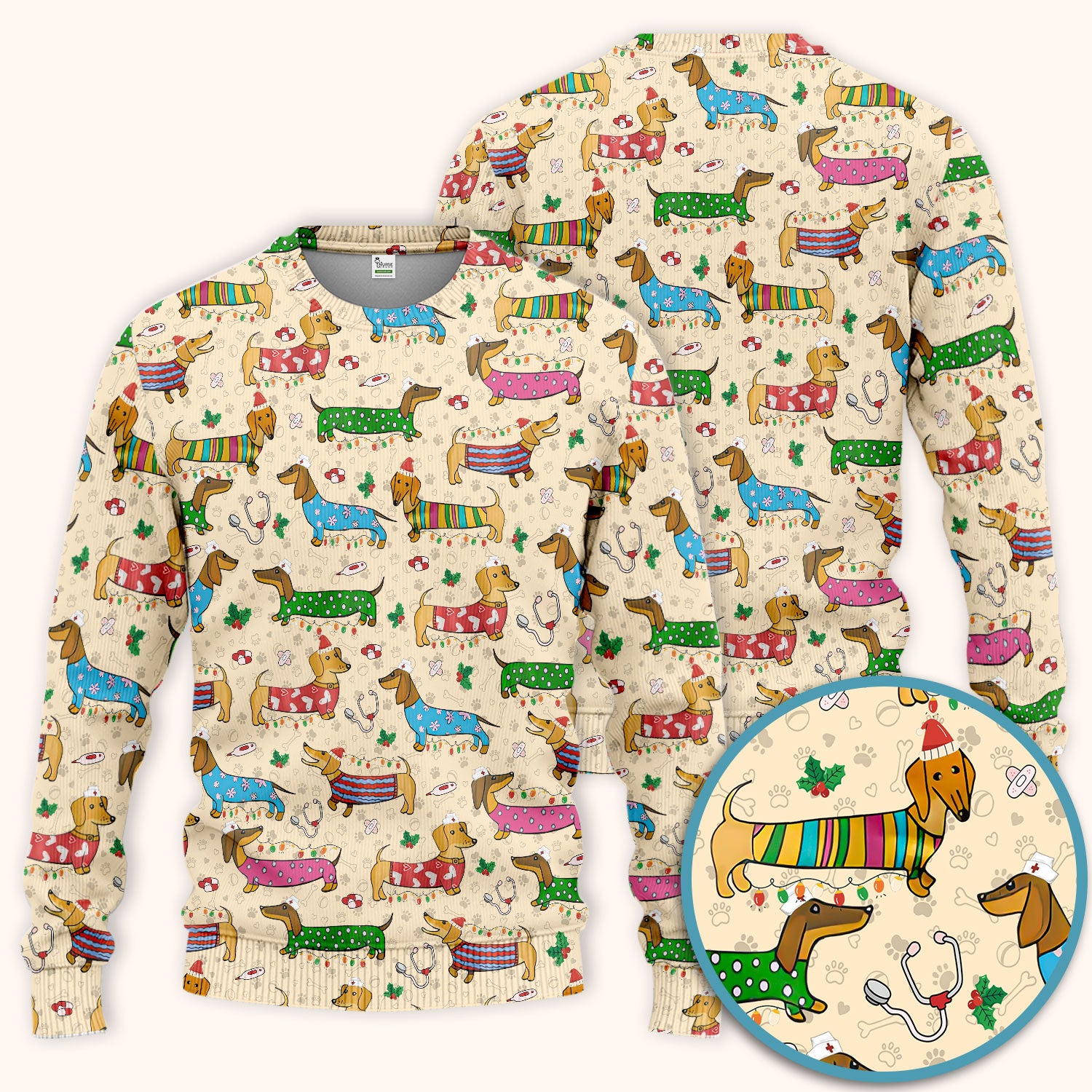 Christmas Dachshund Scrub Set for Nurses - Cute Wiener Dog in Holiday Outfit - Funny Medical Uniform Gift for Women RN LPN CNA