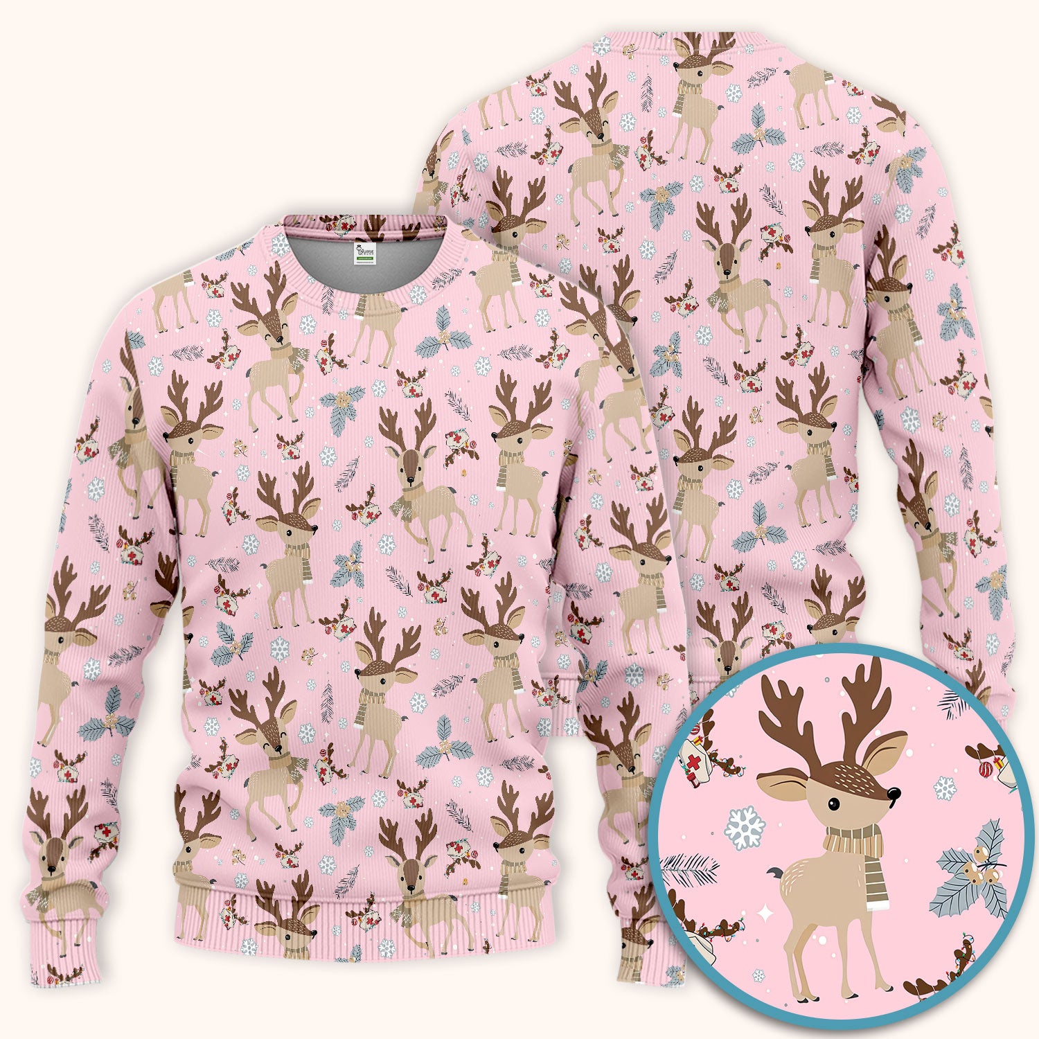 Reindeer Christmas Scrub Set - Cozy Beige Holiday Nurse Shirt with Cute Deer Pattern - Festive Medical Scrubs Pants and V Neck Top