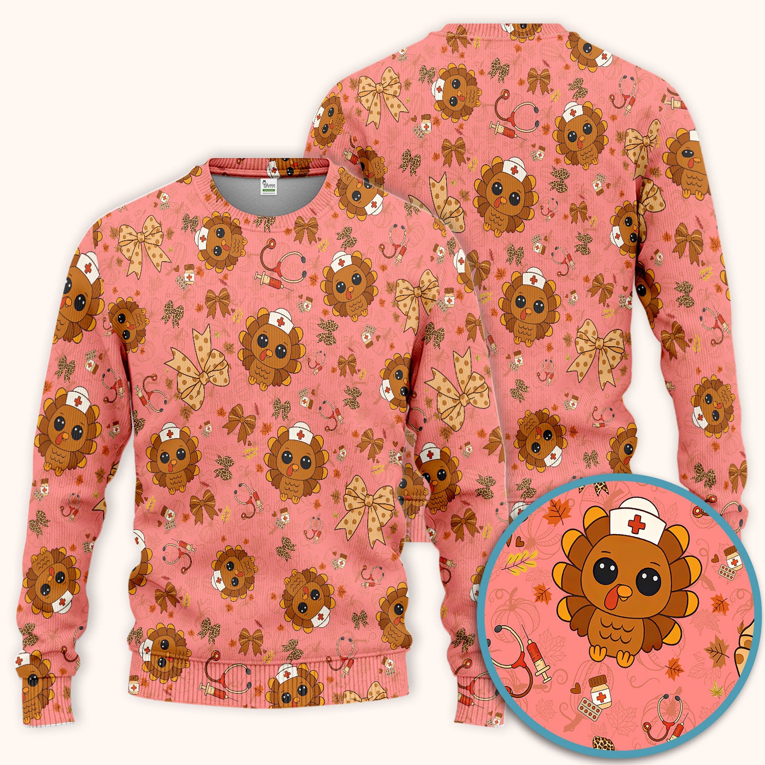 Thanksgiving Turkey Nurse Scrub Set for Women - Cute Fall Leaves and Bow Scrub Pants and V Neck Top - Autumn Medical Uniform