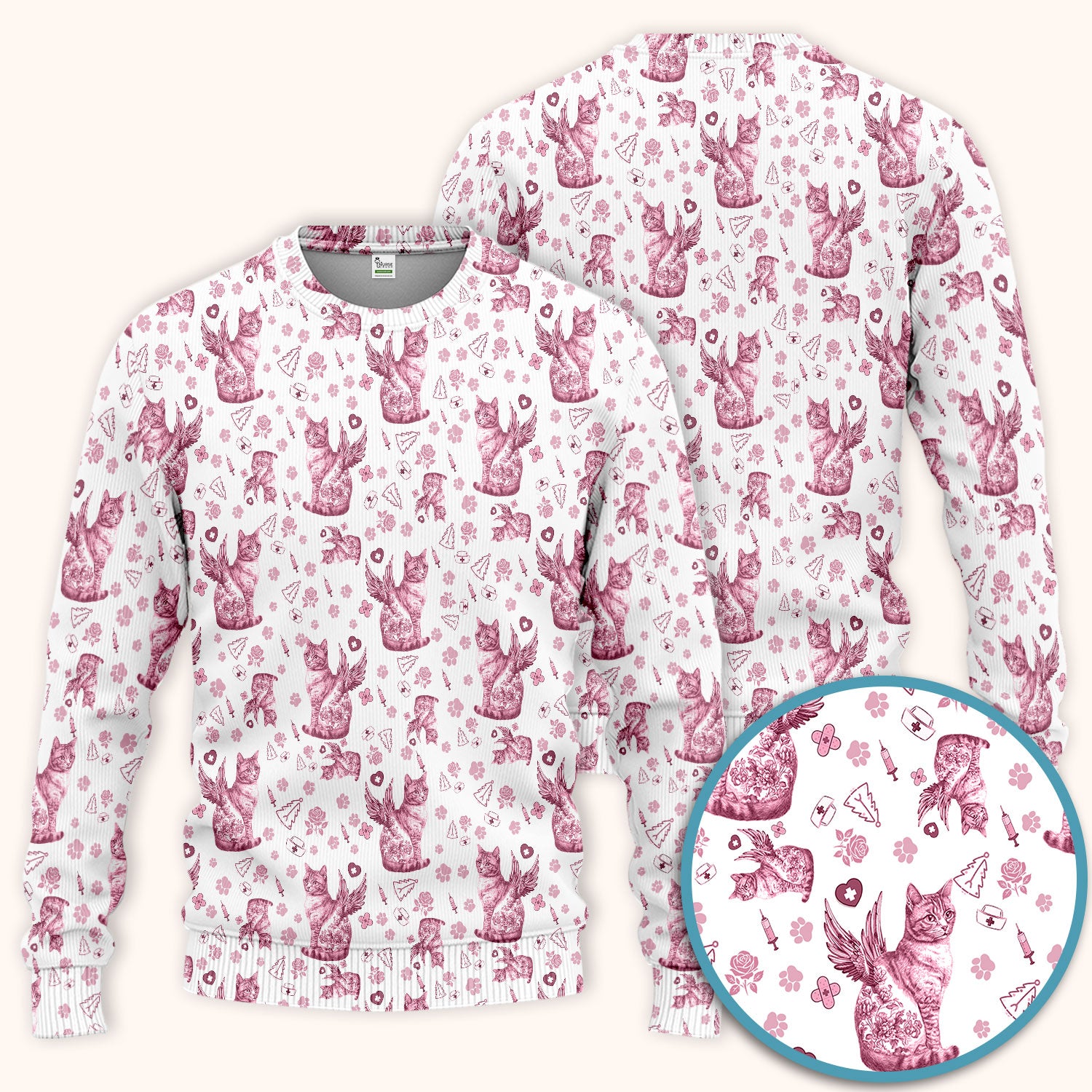 Toile de Jouy Cat Angel Scrub Set - Blue Vintage Nurse Pants and V Neck Top - French Style Medical Uniform for Women