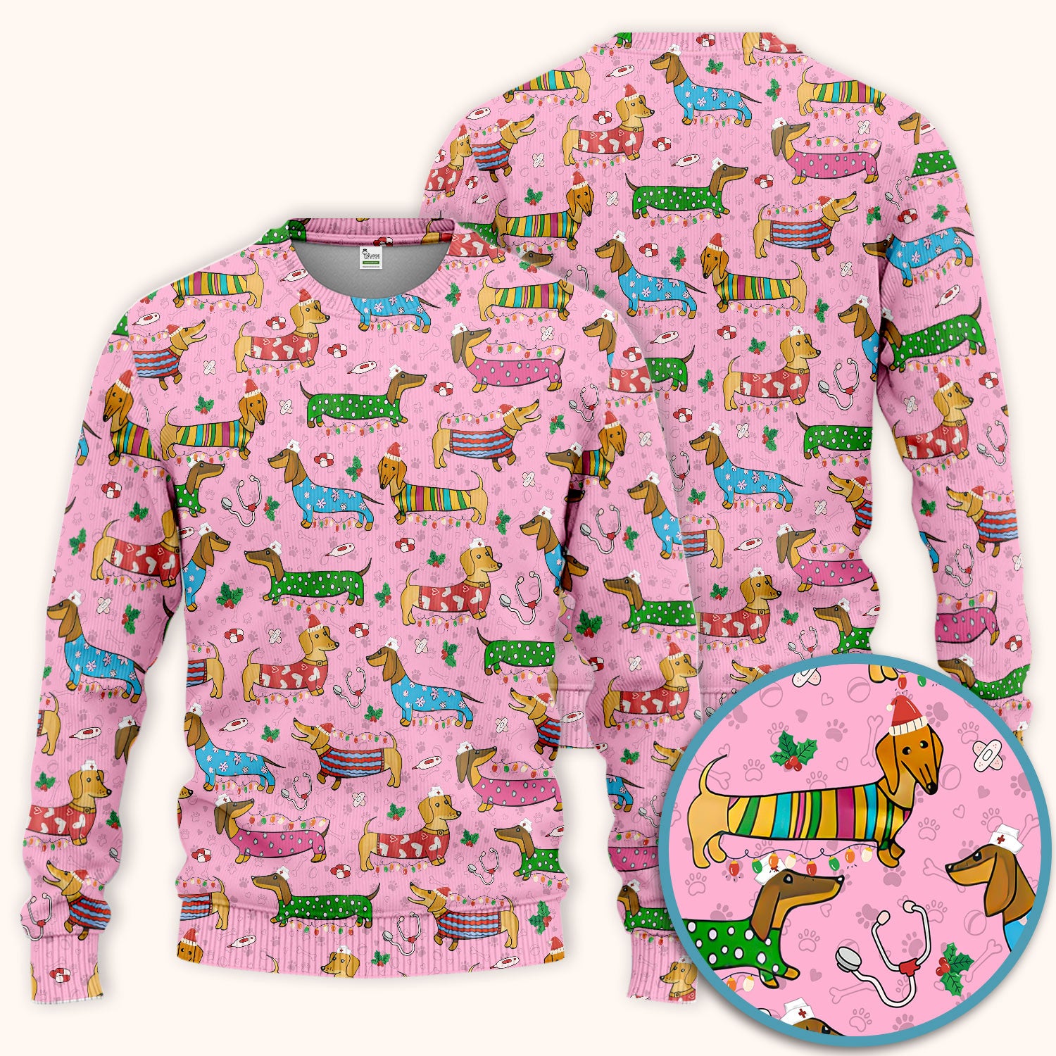 Christmas Dachshund Scrub Set for Nurses - Cute Wiener Dog in Holiday Outfit - Funny Medical Uniform Gift for Women RN LPN CNA