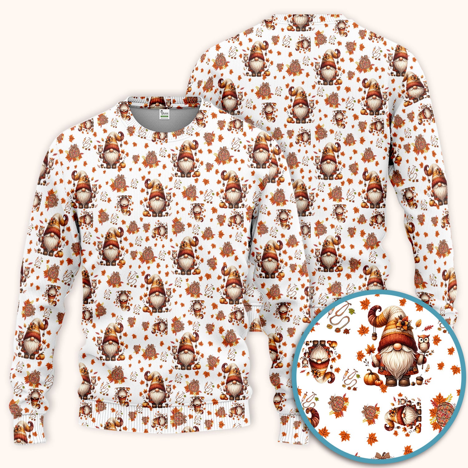 Fall Gnome Women's Scrub Sets - Autumn Leaves Pumpkin Scrub Pants and V Neck Top - Thanksgiving Nursing Uniform