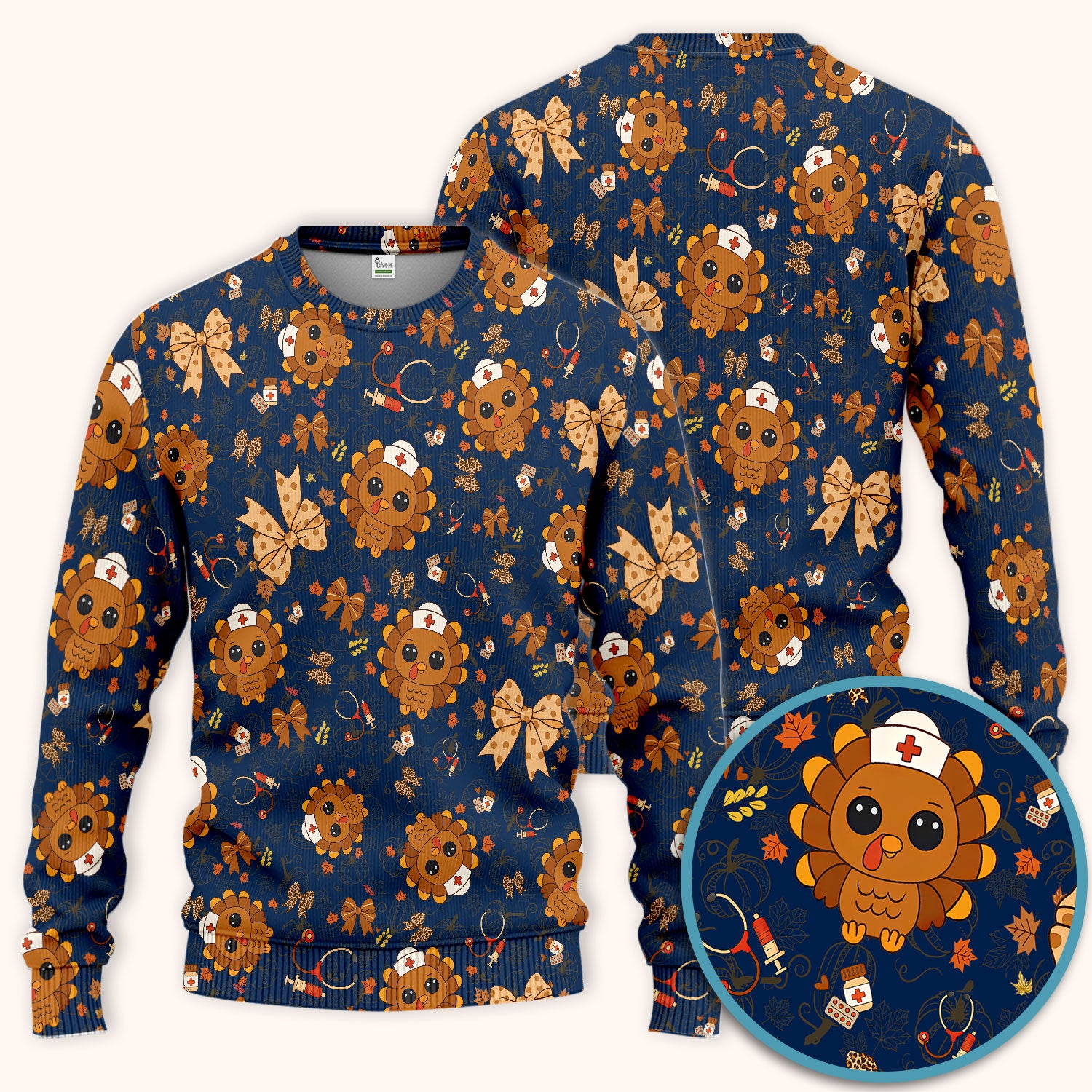 Thanksgiving Turkey Nurse Scrub Set for Women - Cute Fall Leaves and Bow Scrub Pants and V Neck Top - Autumn Medical Uniform