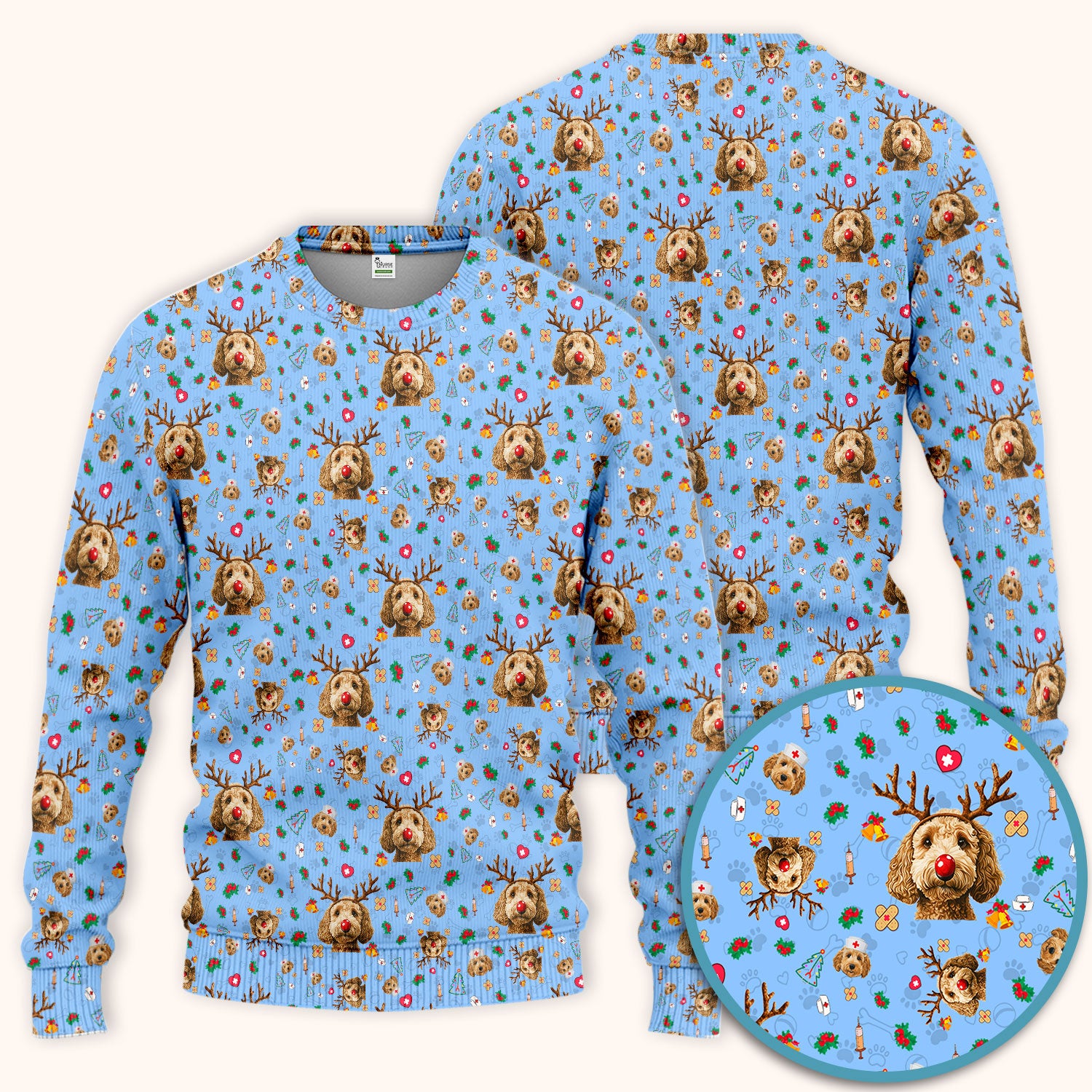 Christmas Labradoodle Scrub Set - Funny Reindeer Dog Nurse Pants and V Neck Top - Cute Holiday Medical Uniform