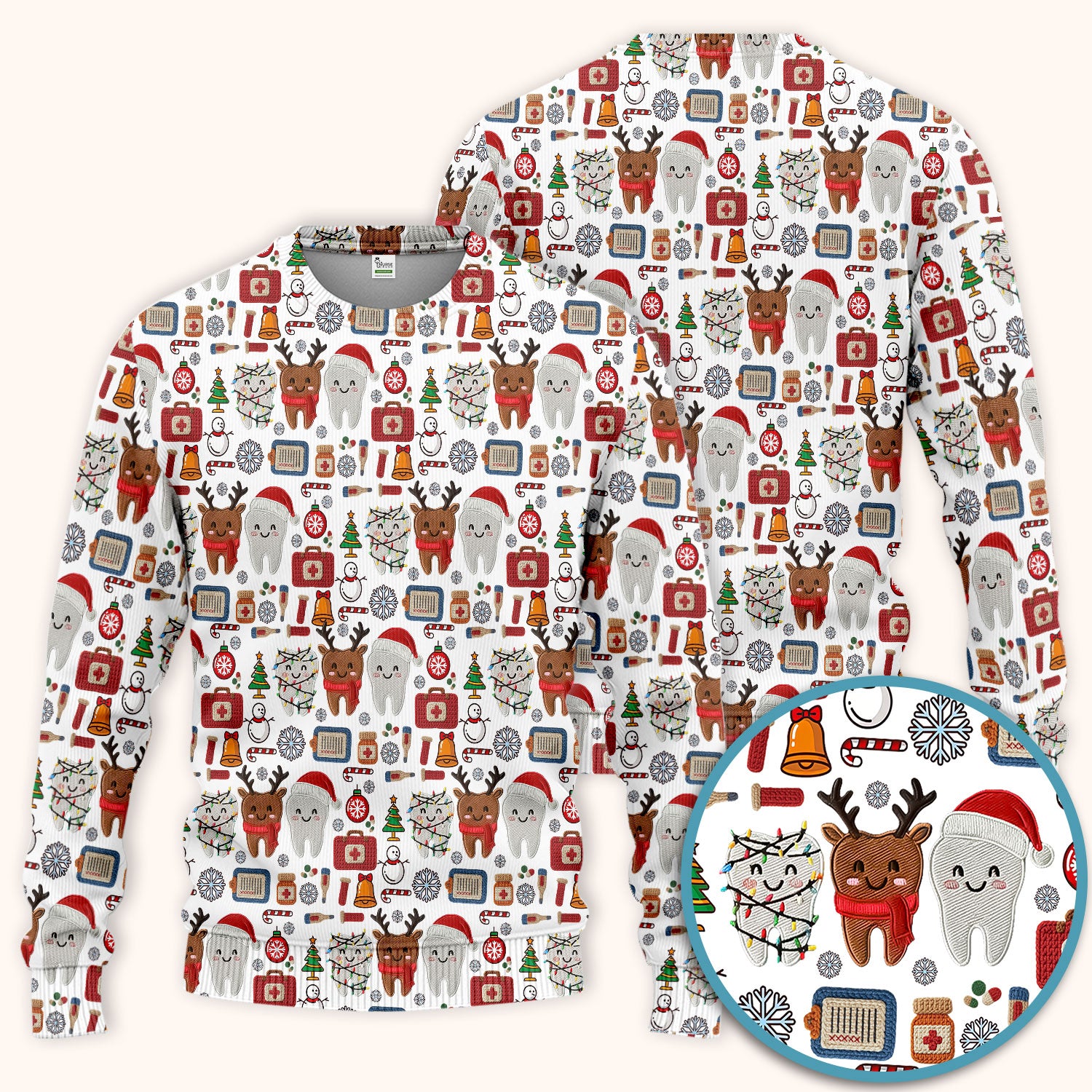 Christmas Dental Scrub Set - Cute Santa & Reindeer Tooth Pants and V Neck Top - Funny Gift for Dentists, Hygienists, Nurses