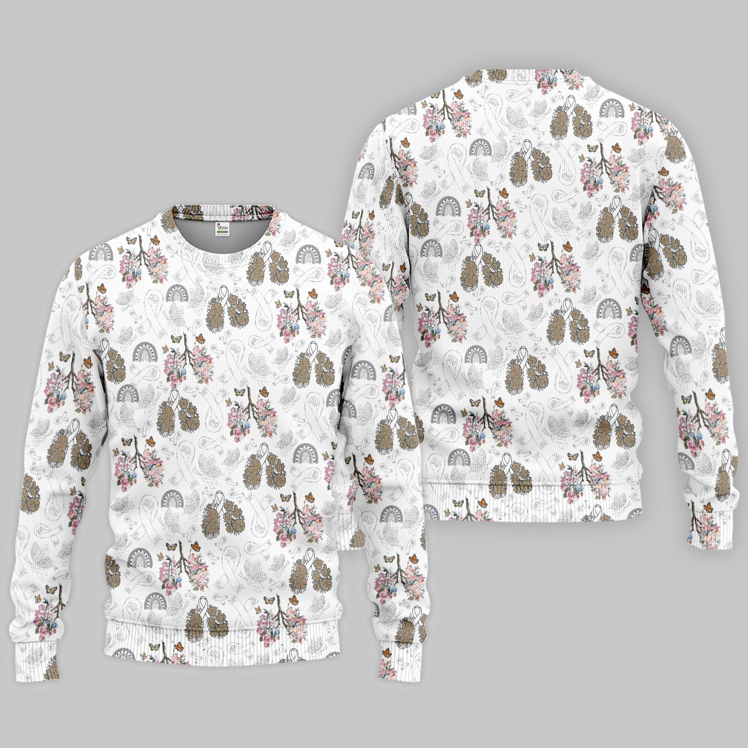 Lung Cancer Awareness Scrub Sets for Nurse - White Ribbon Butterfly Floral Scrub Pants and V Neck Top - Breathable Med Uniform for Women