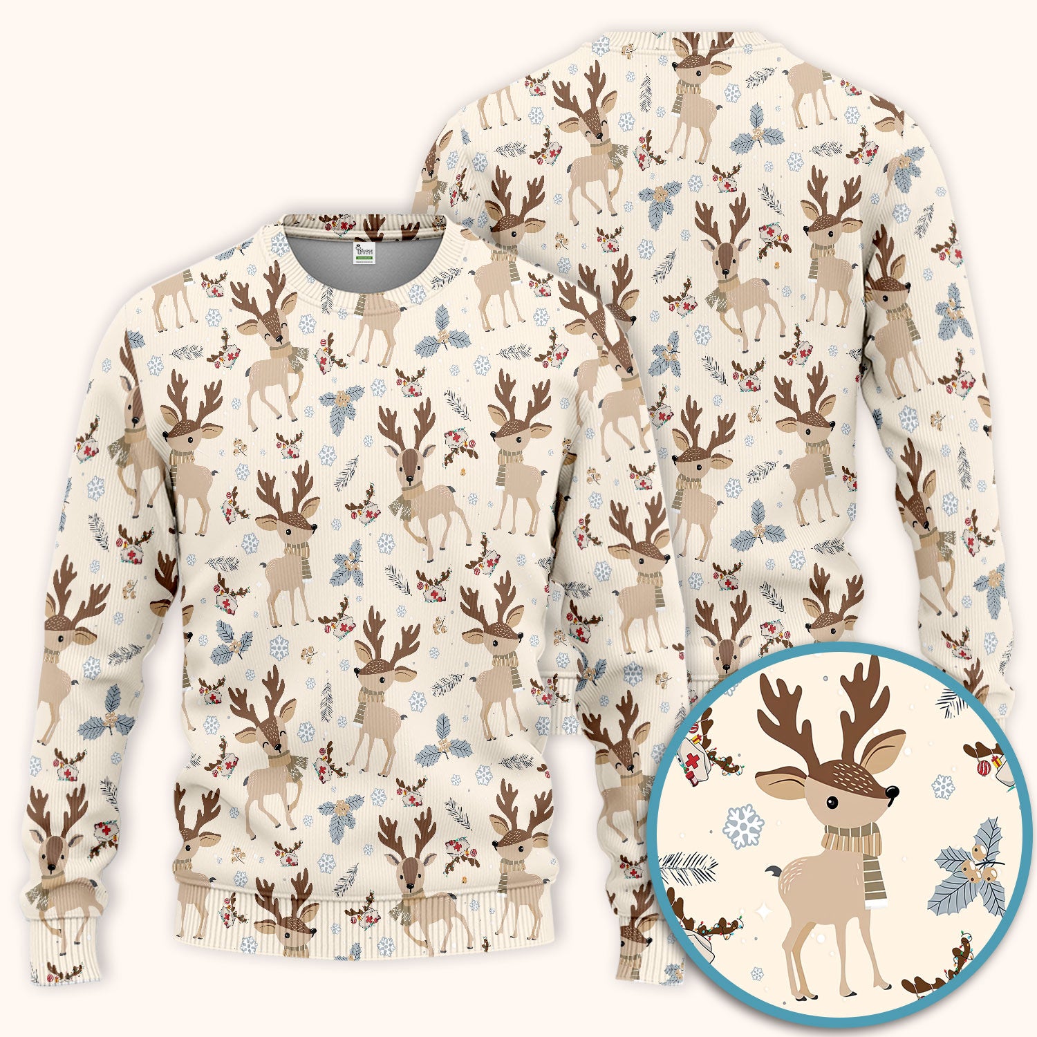 Reindeer Christmas Scrub Set - Cozy Beige Holiday Nurse Shirt with Cute Deer Pattern - Festive Medical Scrubs Pants and V Neck Top