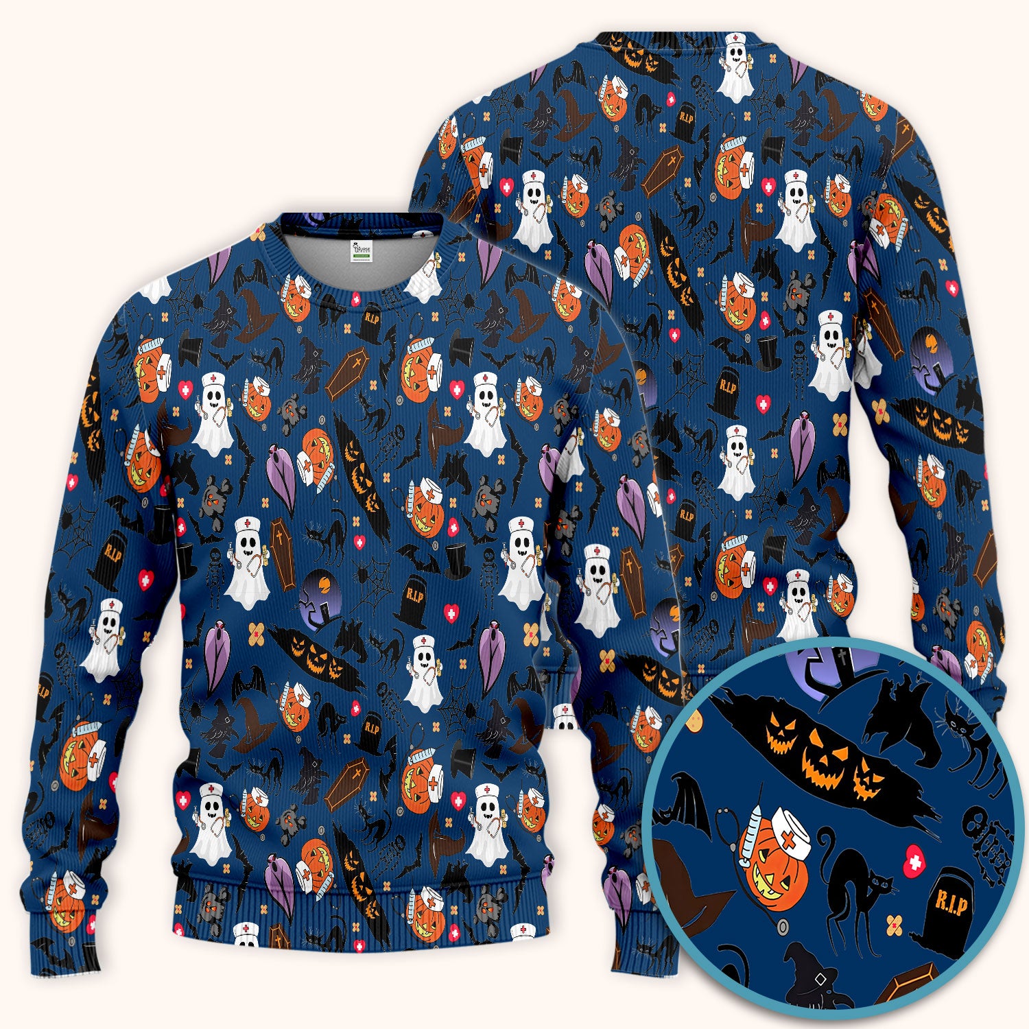 Spooky Halloween Scrub Set - Pumpkin Ghost Bat Nurse Scrubs Pants and V Neck Top - Wicked Witch Medical Uniform for RN CNA LPN