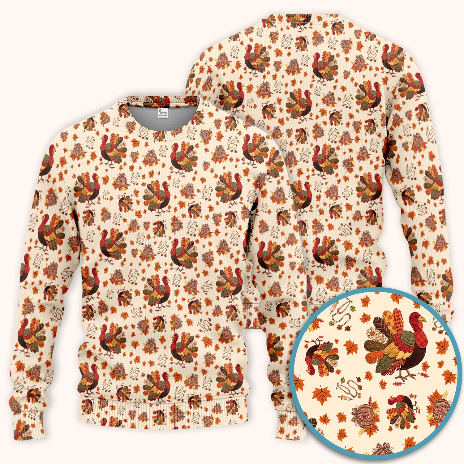Fall Leaves Thanksgiving Women's Scrub Set - Comfortable Scrub Pants and V Neck Top - Funny Turkey Nursing Uniform