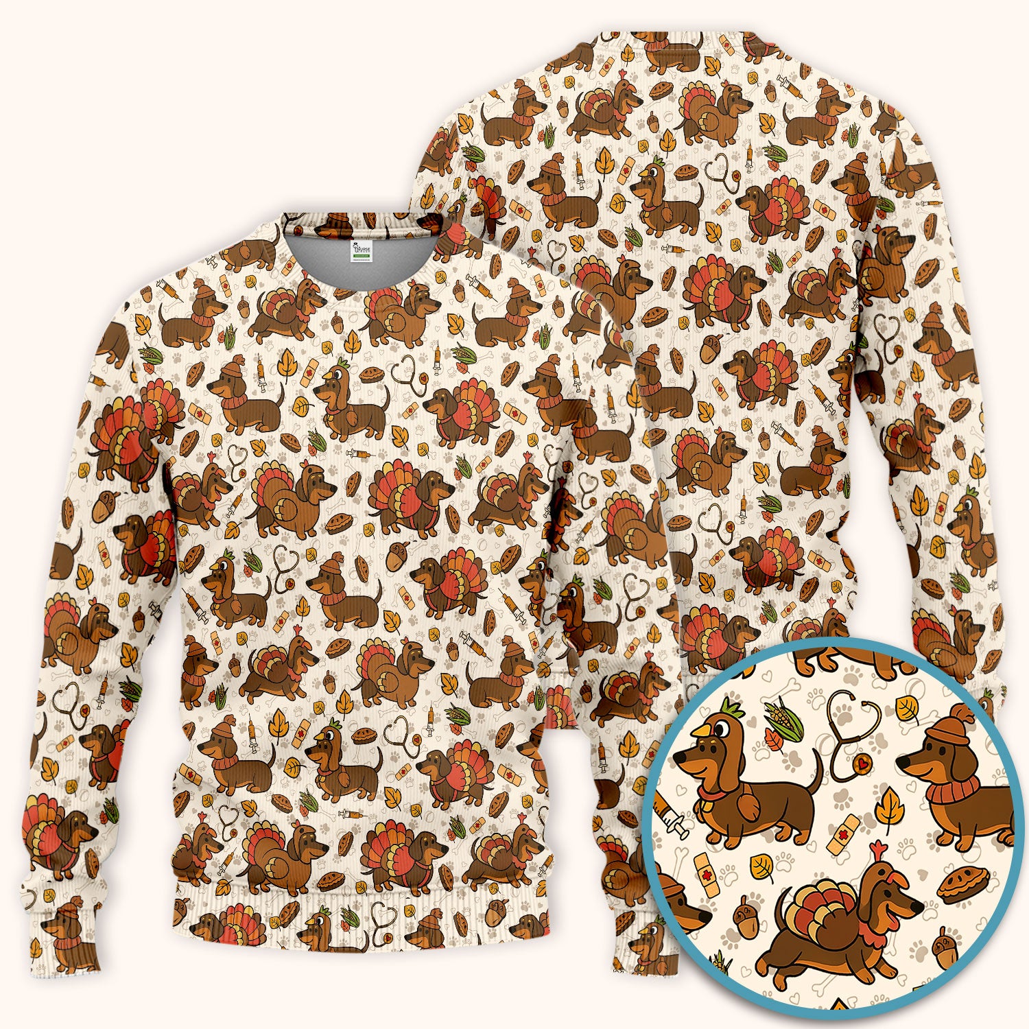 Thanksgiving Wiener Dog Scrub Set - Funny Dachshund Turkey Scrubs Pants and V Neck Top - Fall Winter Gift for Women