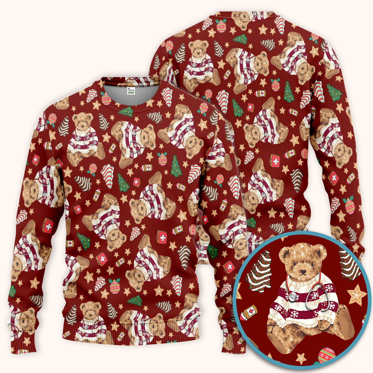 Teddy Bear Christmas Scrub Set - Festive Scrubs Pants and V Neck Top for Women - Gift for Nurses RN CNA LPN