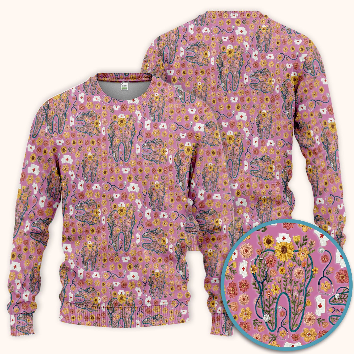 Boho Floral Tooth Scrub Set - Aesthetic Dental Scrubs Pants and V Neck - Cute Flower Tooth Medical Uniform - Hygienist Christmas Gift