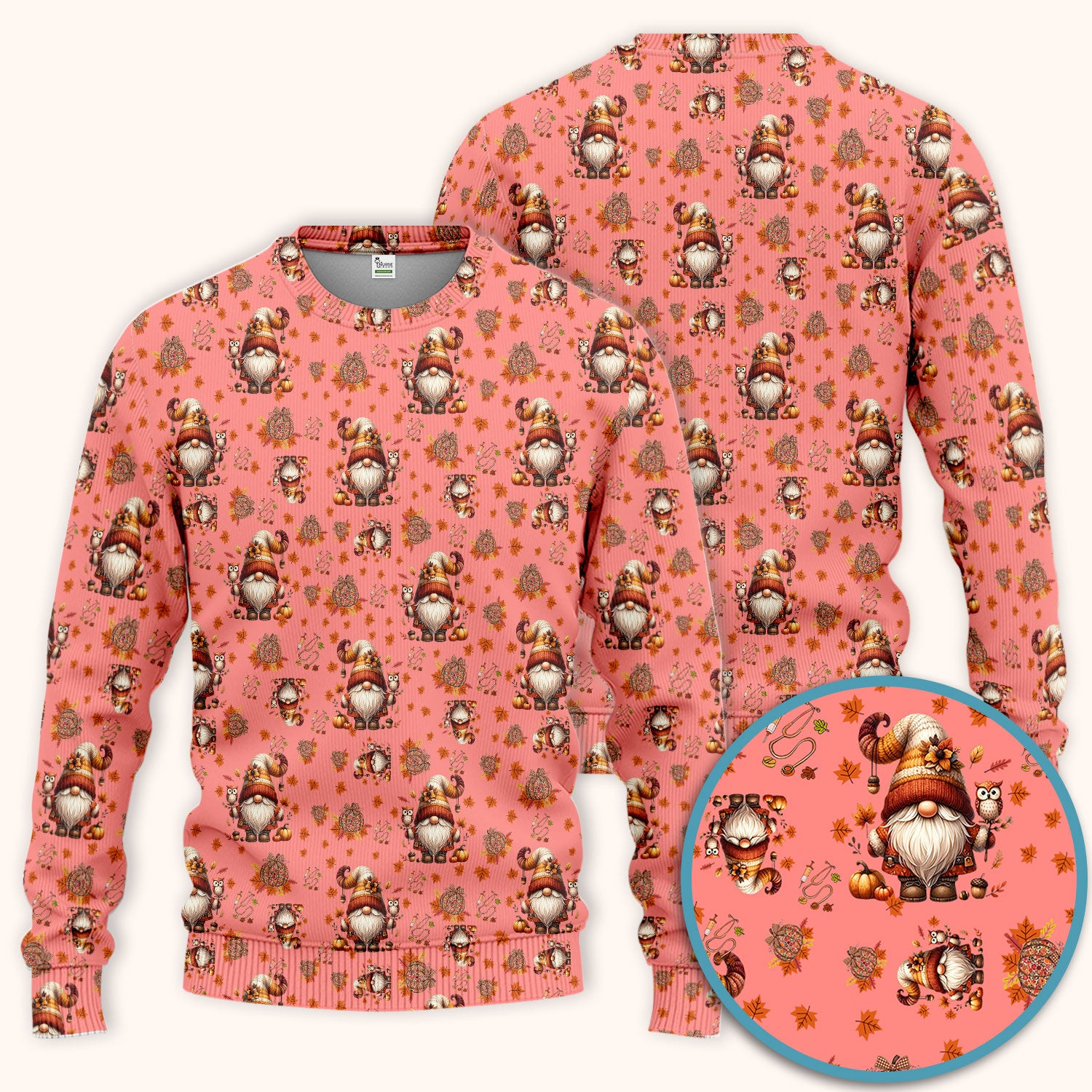 Fall Gnome Women's Scrub Sets - Autumn Leaves Pumpkin Scrub Pants and V Neck Top - Thanksgiving Nursing Uniform