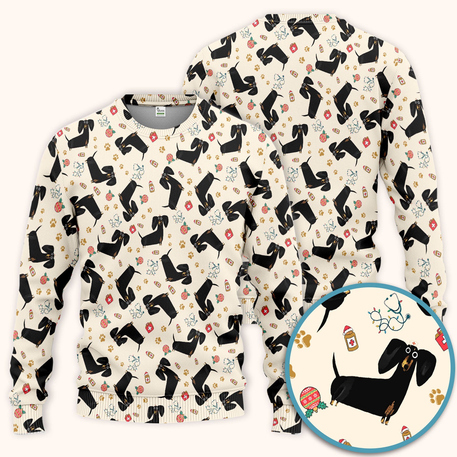 Funny Black Dachshund Scrub Set for Nurses - Cute Wiener Dog Scrubs Pants and V Neck Top - Puppy Lover Nursing Gift for Women