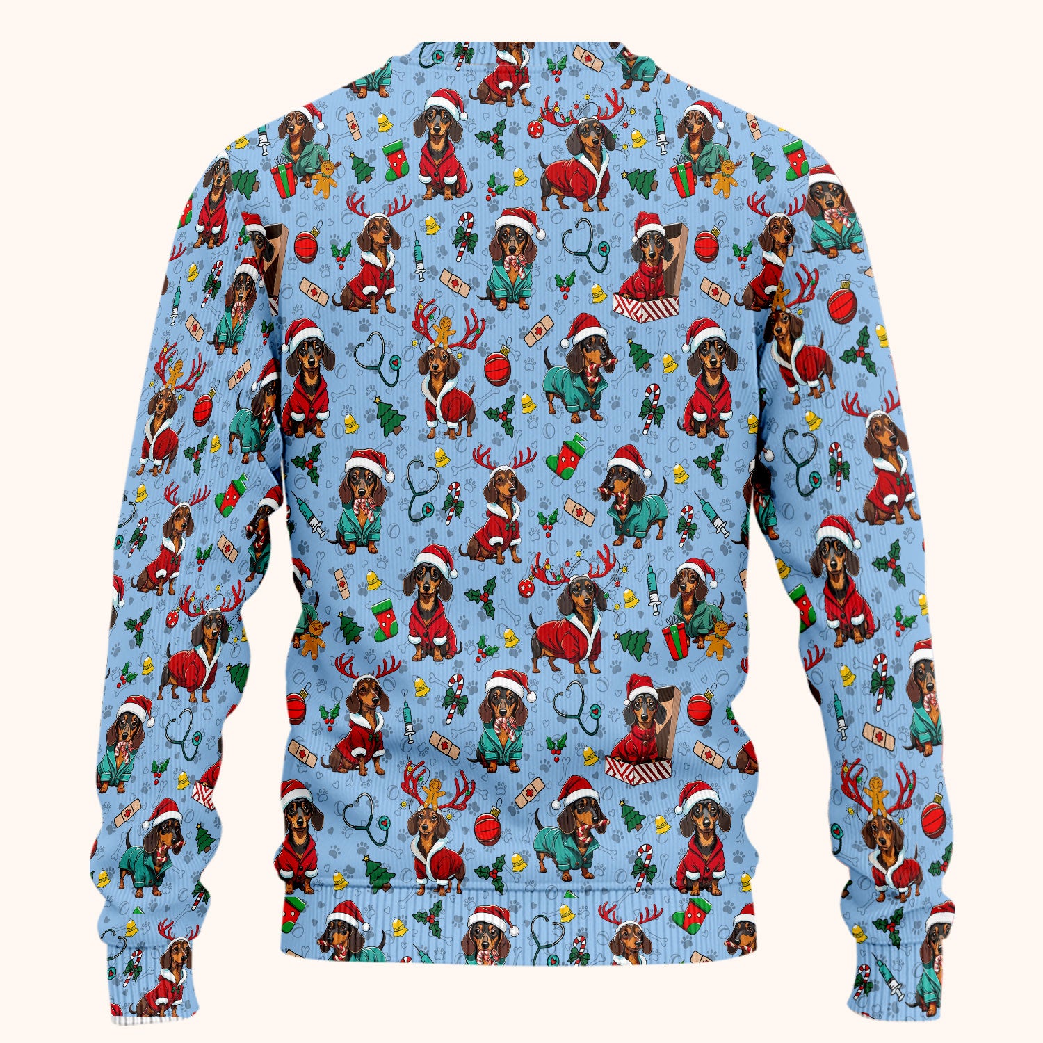Christmas Dachshund Scrub Set for Nurses - Cute Sausage Dog Holiday - Funny Reindeer & Santa Scrubs Pants and V Neck Top