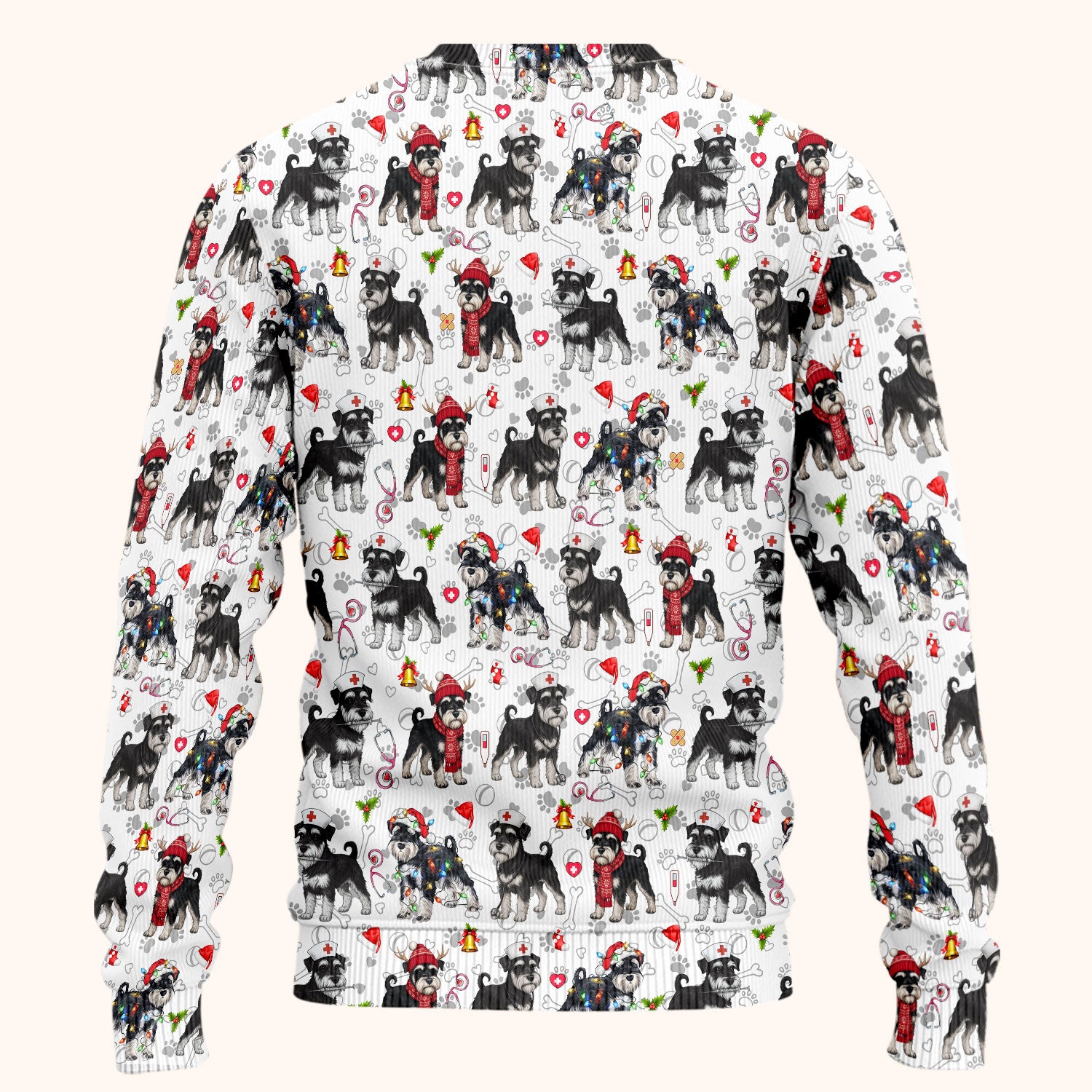 Christmas Schnauzer Scrub Set for Nurses - Cute Dog Holiday Scrubs Pants and V Neck Top - Funny Santa Nursing Medical Shirt for Women