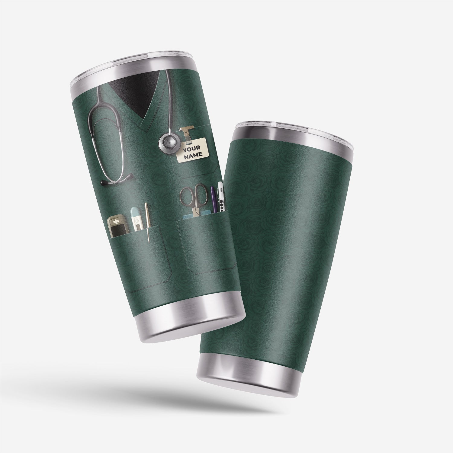 Custom Nurse Tumbler with Name - Green Scrubs Travel Mug with Medical Tools - Gift for RN CNA LPN Nursing Student