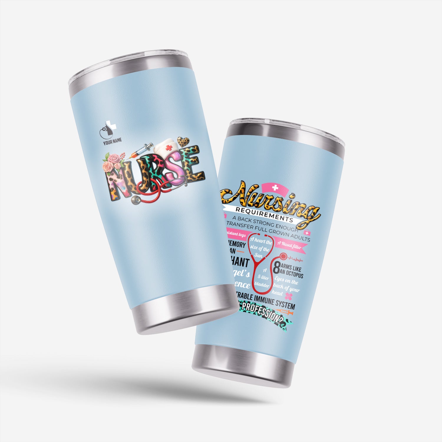 Custom Name Nurse Tumbler - Cute Leopard Lettering and Stethoscope Design - Gift for Registered Nurses CNA RN LPN - Stainless Steel Travel Mug for Healthcare Heroes