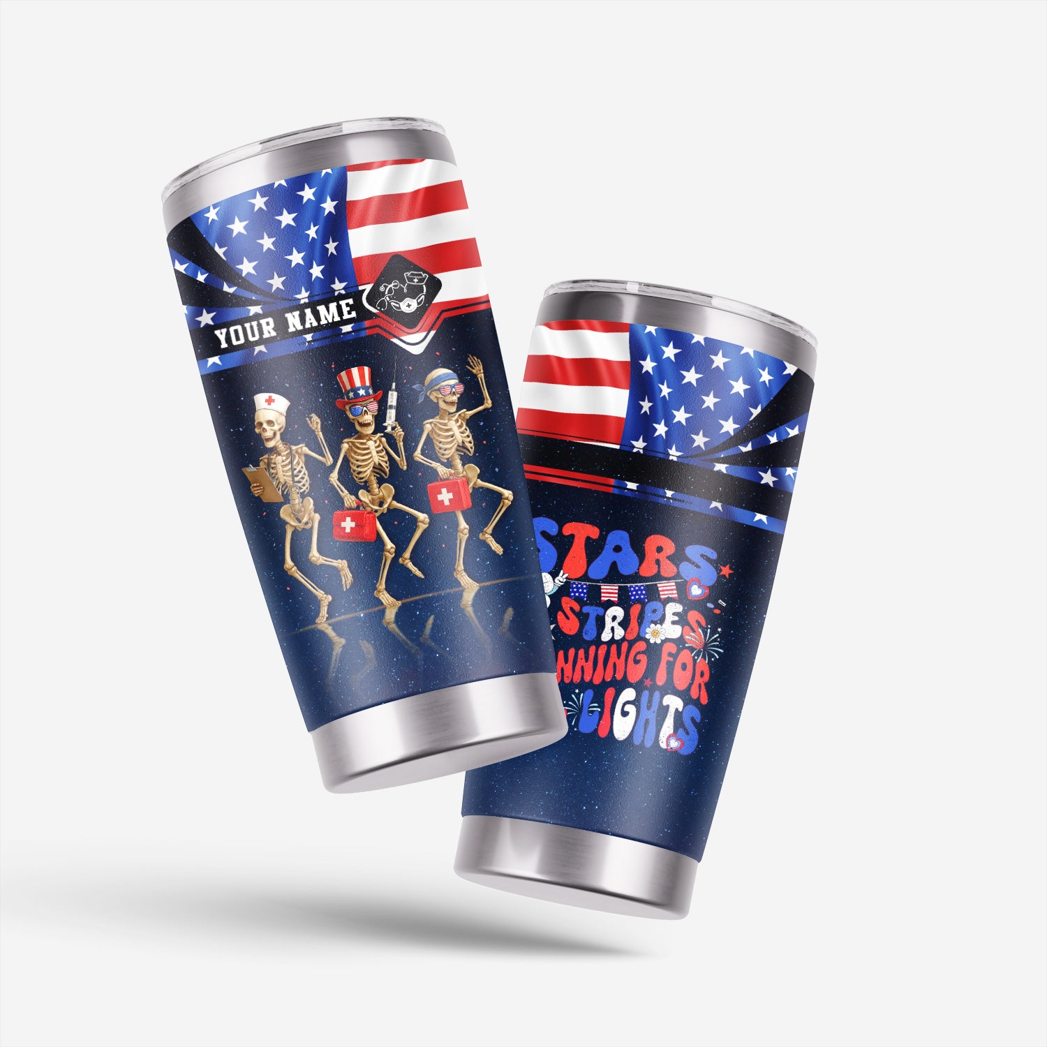 Personalized Skeleton Nurse Tumbler - 4th of July USA Flag Design - Funny Gift for RN LPN CNA Healthcare Workers