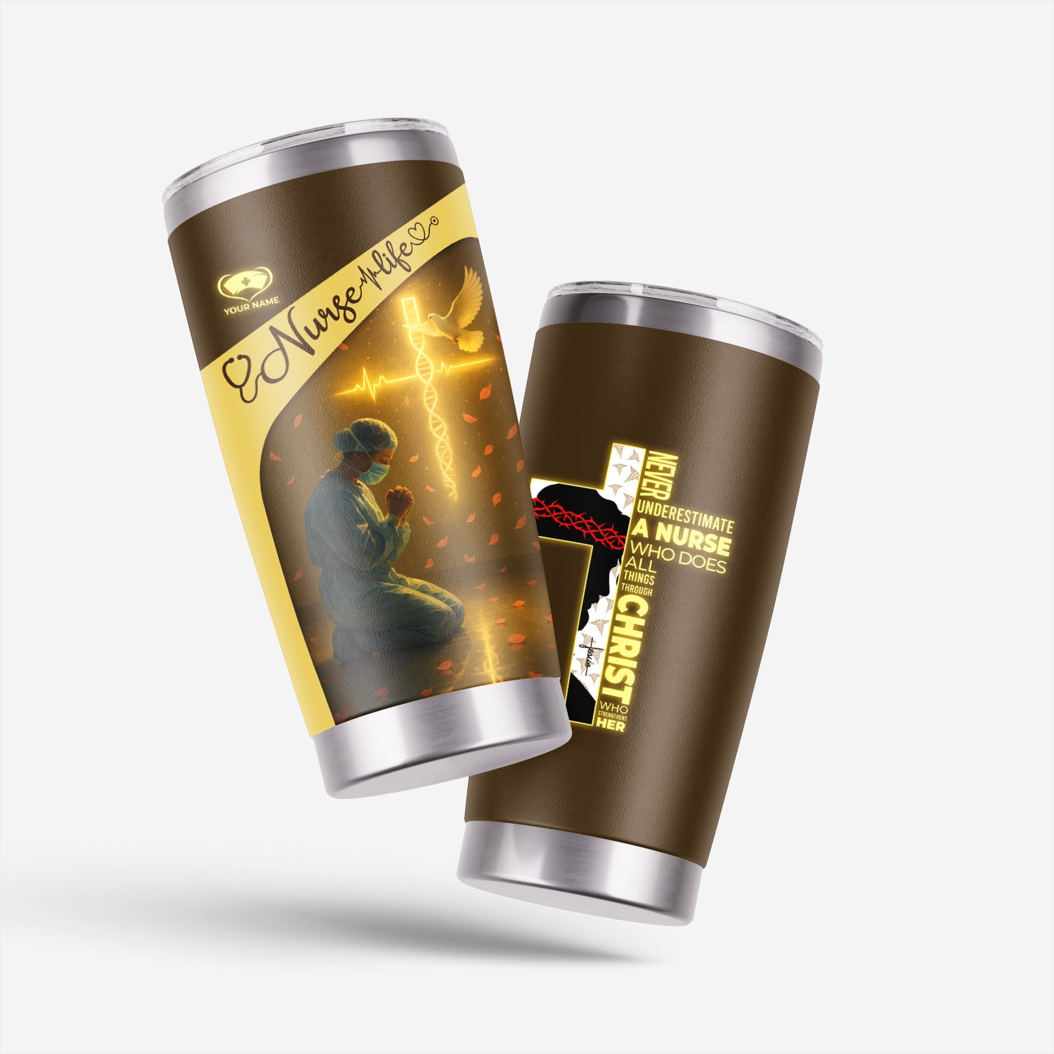 Christian Nurse Tumbler for RN LPN CNA - Personalized Prayer Design with Dove and Cross - Inspirational Gift for Women in Healthcare