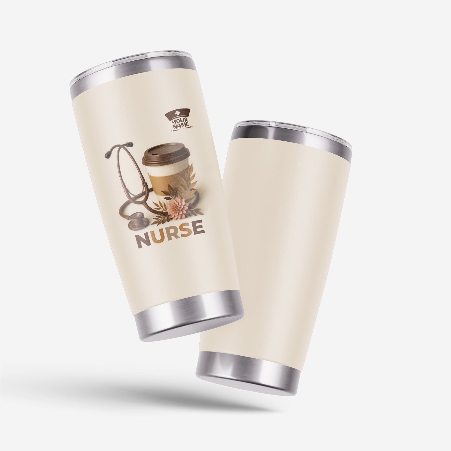 Personalized Nurse Coffee Tumbler - Stethoscope Floral Beige Design - Gift for RN LPN CNA Women