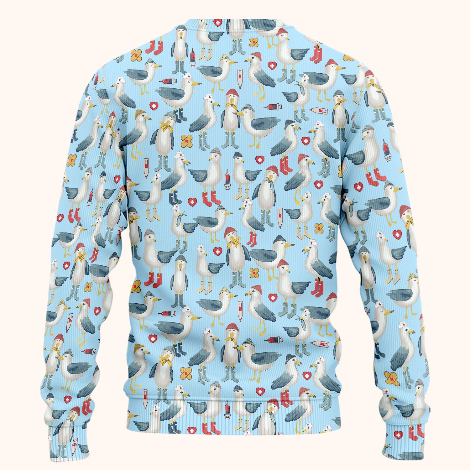 Funny Seagull Nurse Scrub Set - Cute Bird with Medical Icons Scrubs Pants and V Neck Top - Comfortable Scrubs for Women