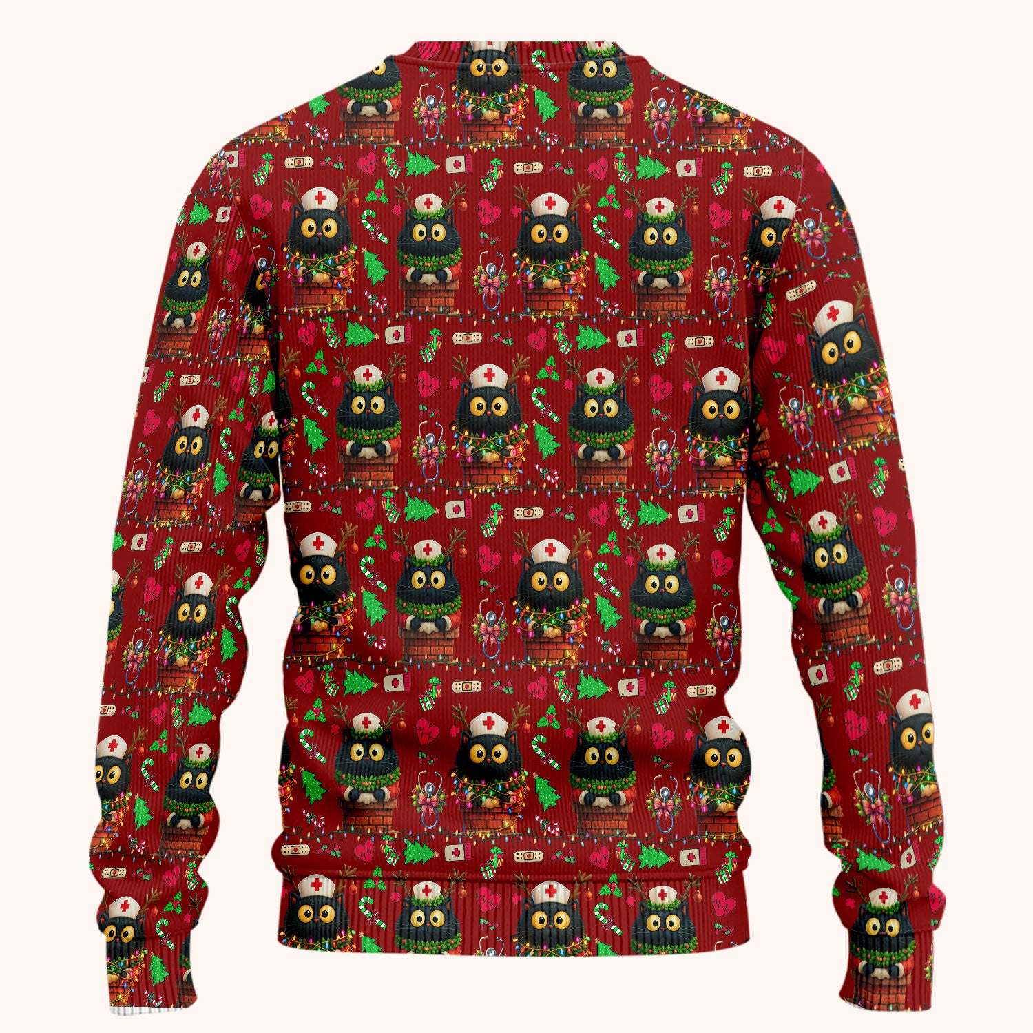 Christmas Black Cat Scrub Set for Nurse - Cute Reindeer Cat with Xmas Lights Pants and V Neck Top - Festive Holiday Medical Uniform