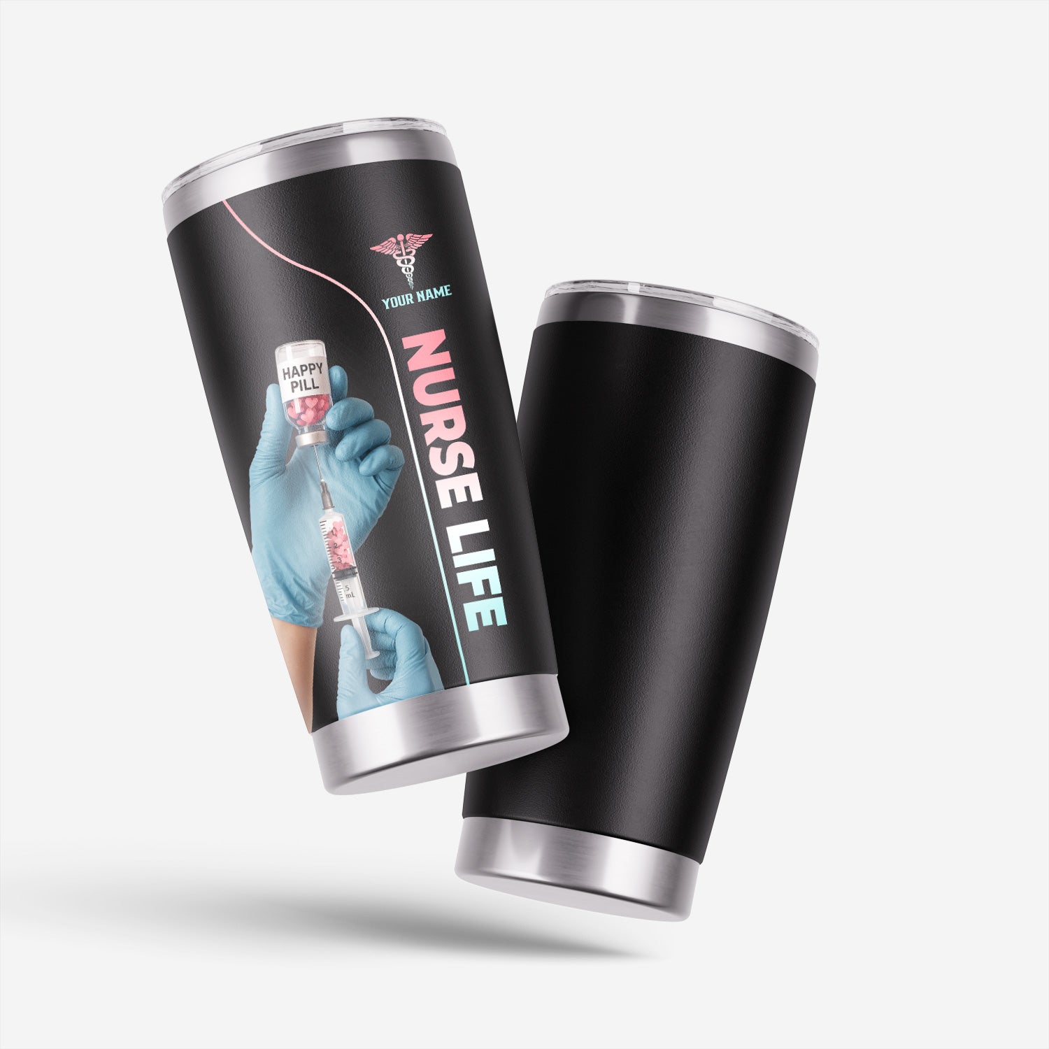 Personalized Nurse Tumbler with Name - Funny Happy Pill Design - Stainless Steel Insulated Cup - Gift for RN CNA LPN Women