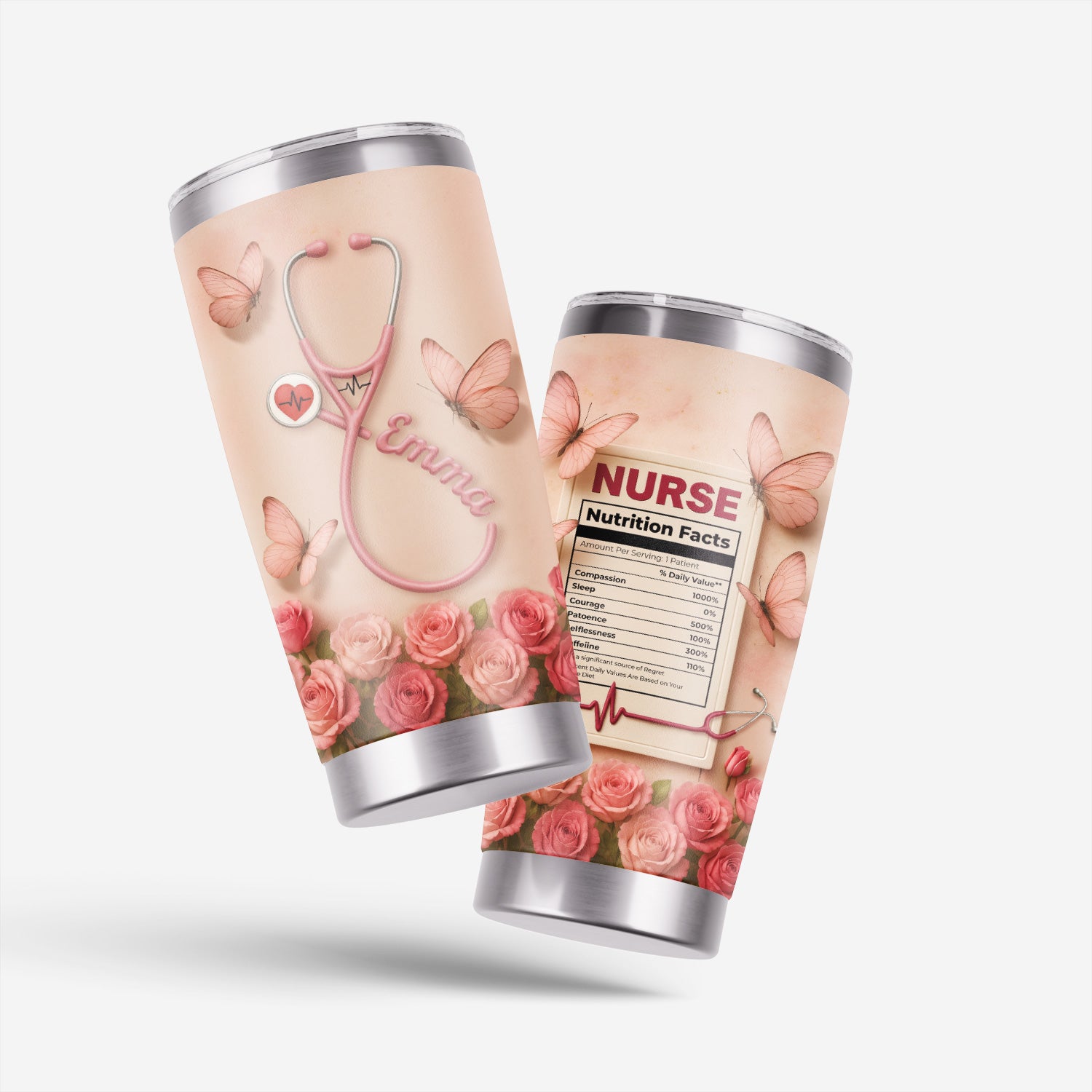 Nutrition Facts Nurse Tumbler - Personalized 20oz Stainless Steel Cup - Funny Nurse Gift for Women