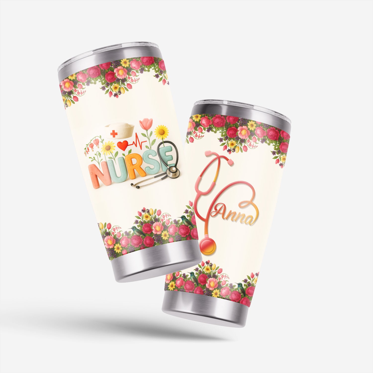 Personalized Floral Nurse Tumbler with Colorful Letters and Name - Cute Stethoscope Design - Thoughtful Gift for RN CNA LPN Women - Nurse Week or Birthday Idea