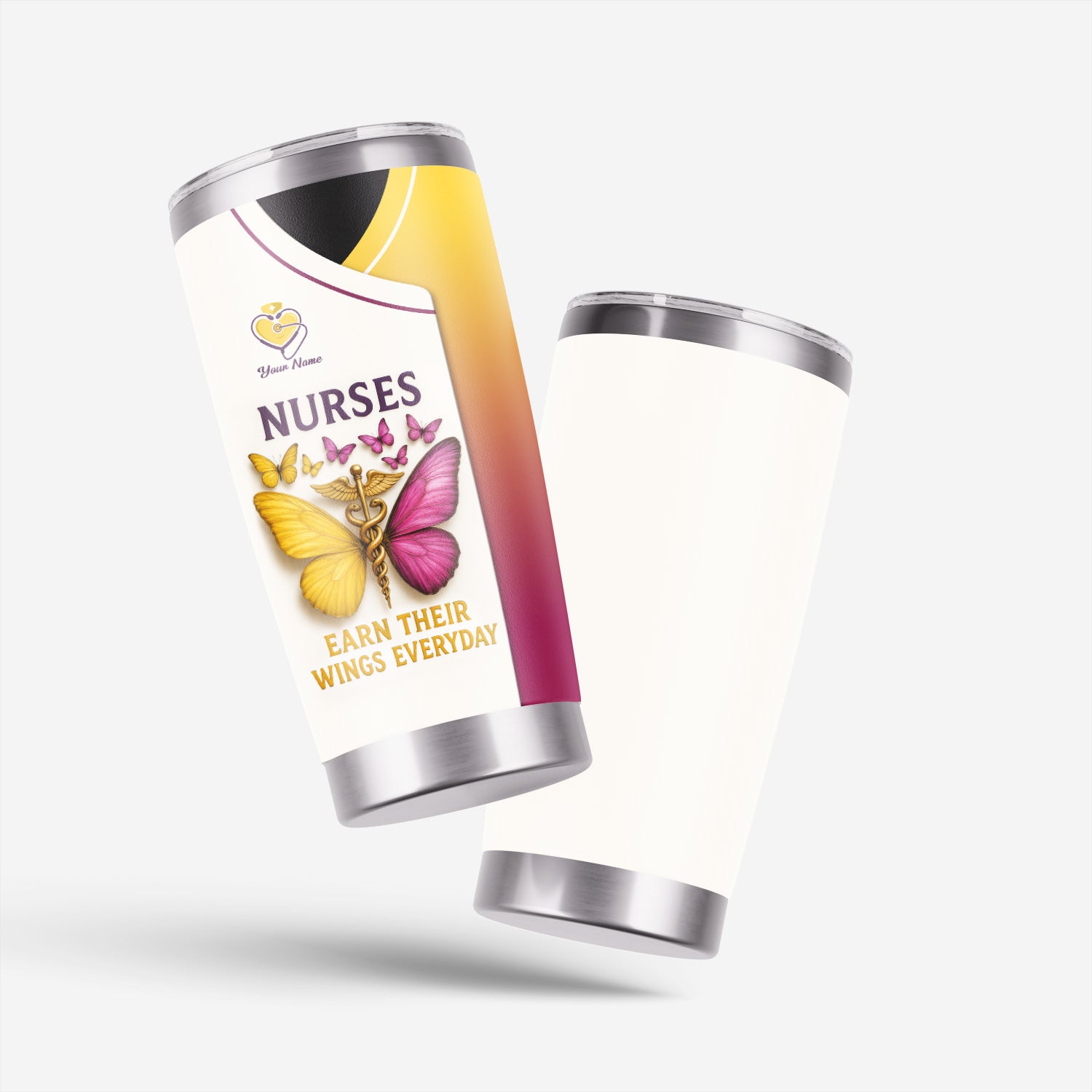 Personalized Nurse Tumbler - Butterfly Wings Everyday Design - Custom Name Gift for RN LPN CNA Women Healthcare Workers