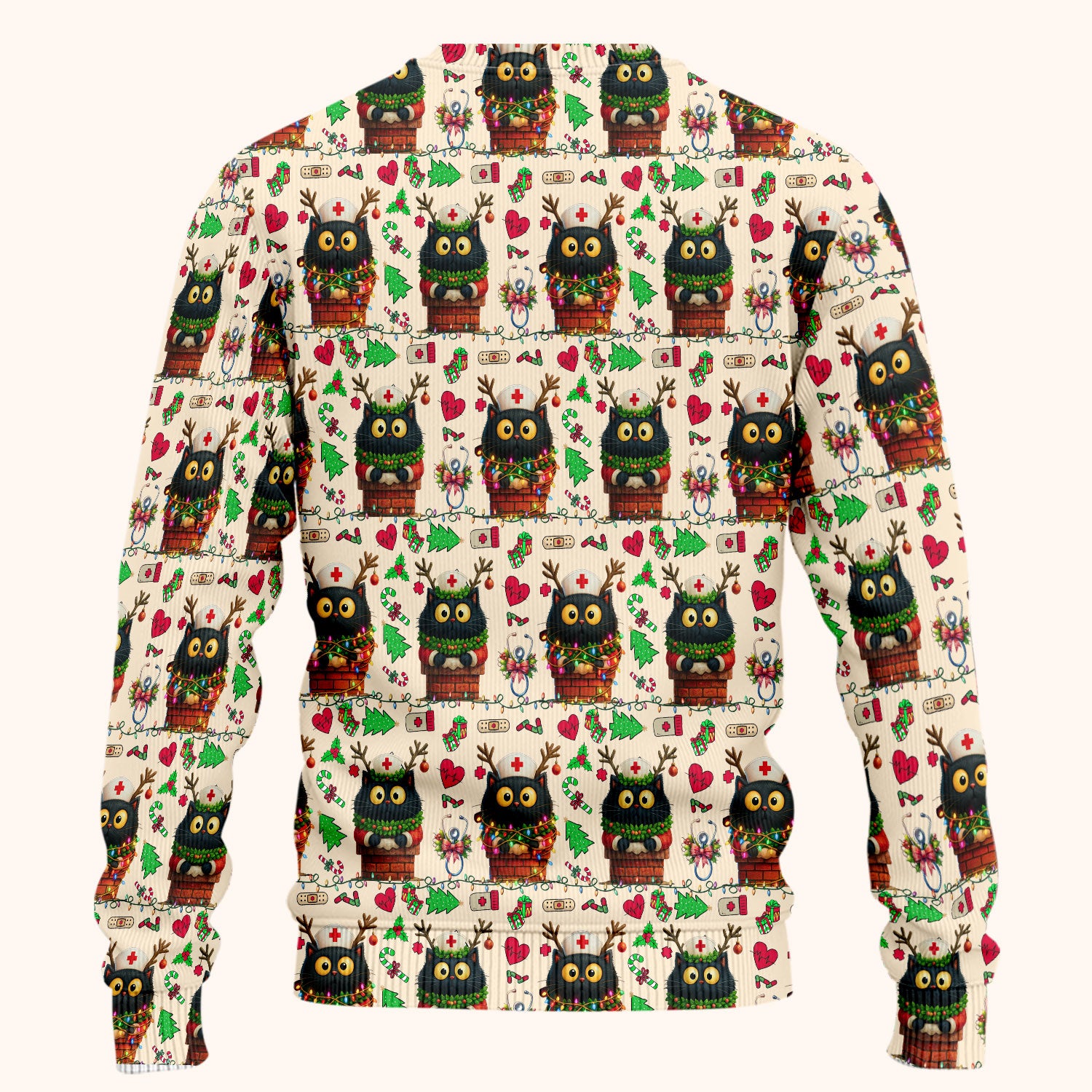 Funny Black Cat Scrub Set for Nurse - Cute Reindeer Cat with Christmas Lights - Festive Holiday Medical Uniform - Kitten Lover Gift