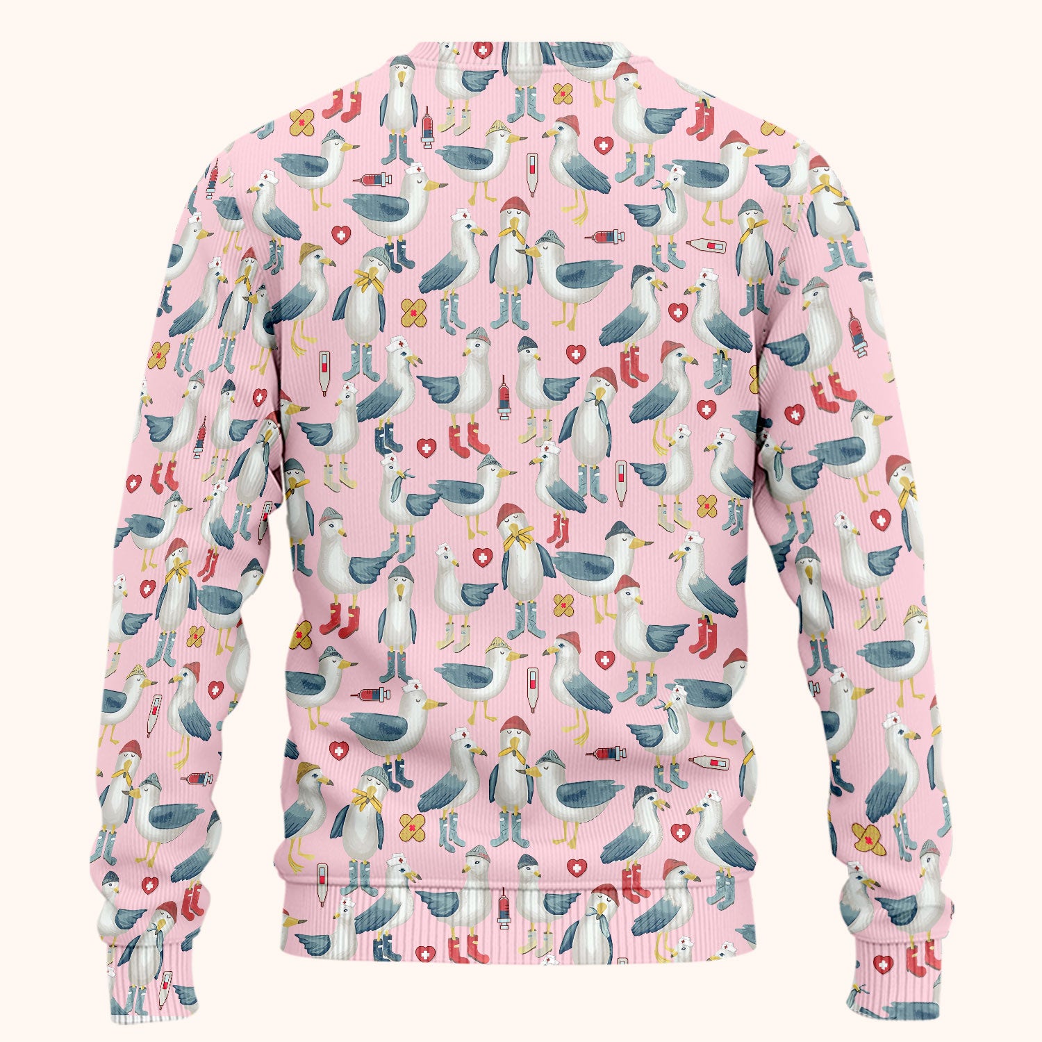 Funny Seagull Nurse Scrub Set - Cute Bird with Medical Icons Scrubs Pants and V Neck Top - Comfortable Scrubs for Women