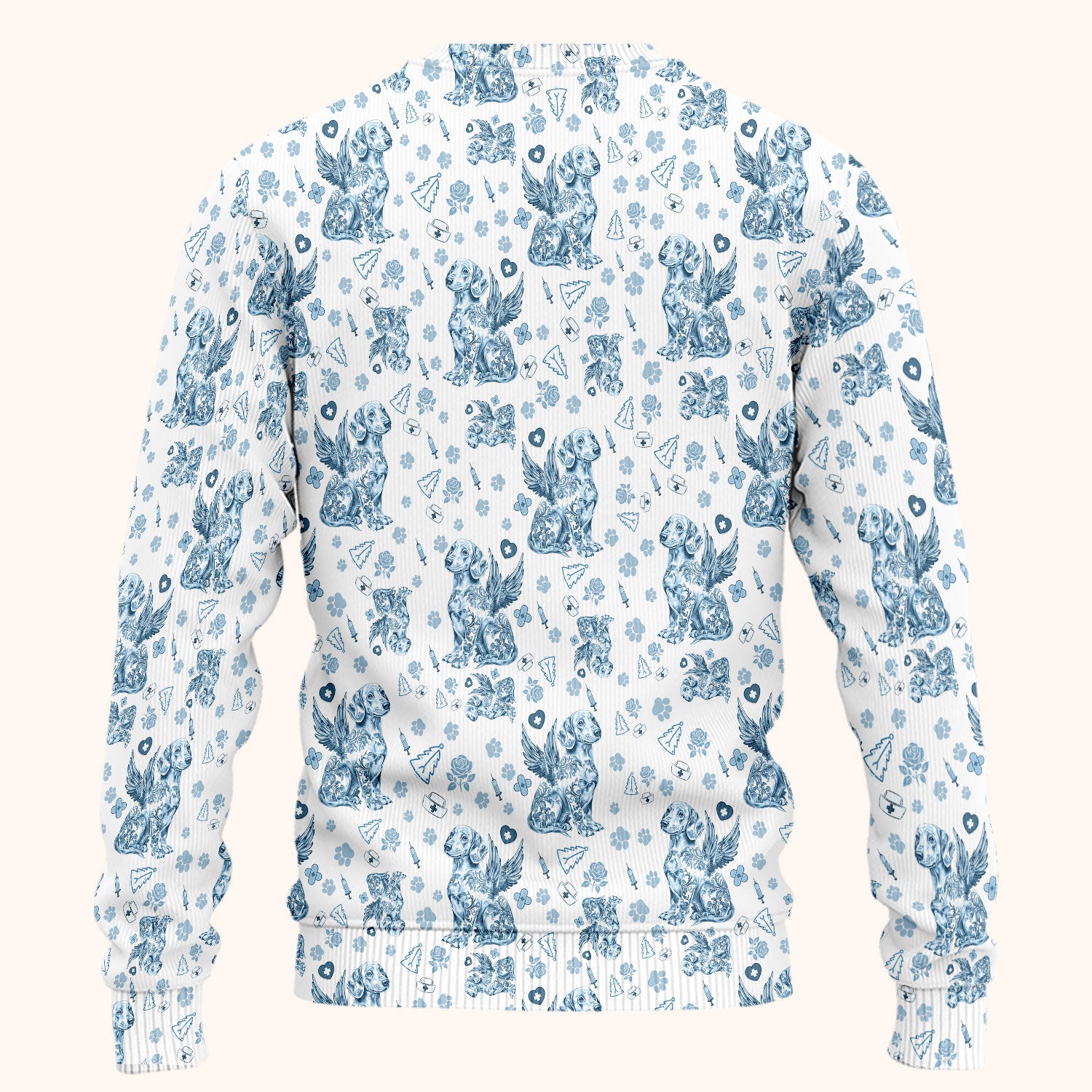 Toile de Jouy Dachshund Angel Scrub Set - Blue Vintage Wiener Dog Scrubs Pants and V Neck Top - Memorial Puppy Gift